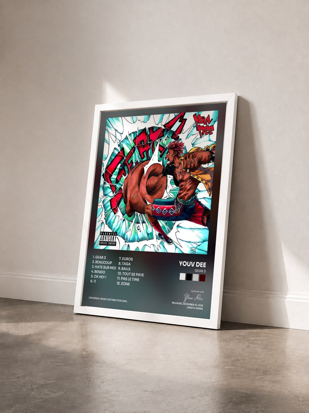 #blanc Tableau de l'album Gear 3 de Youv Dee vu de trois quarts, cadre blanc