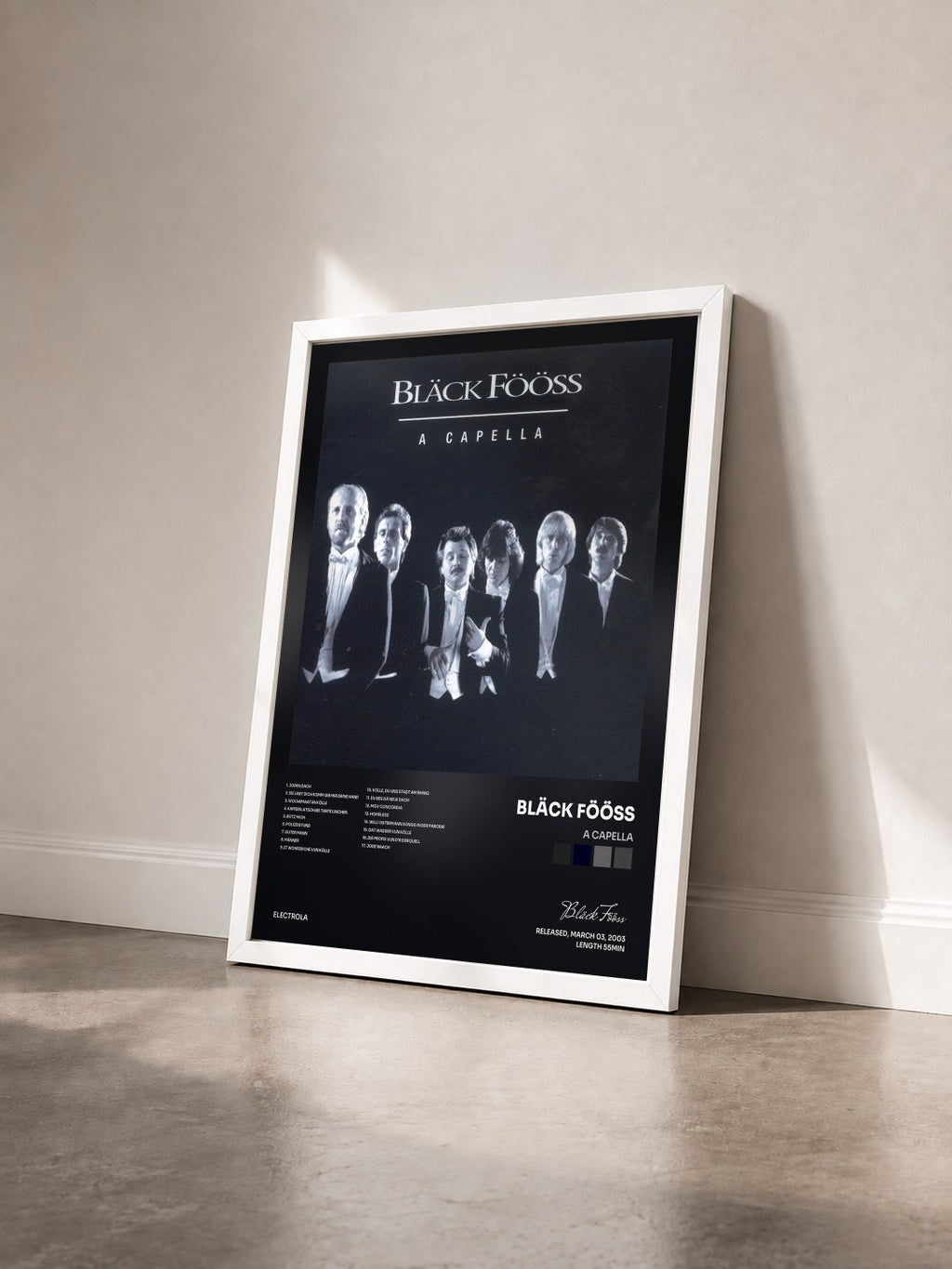 #blanc Tableau de l'album A Capella de Bläck Fööss vu de trois quarts, cadre blanc