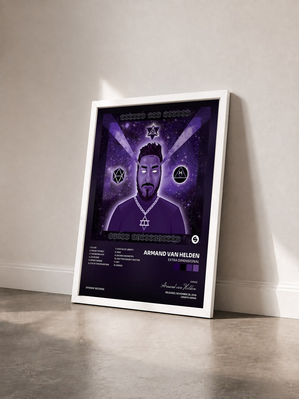 #blanc Tableau de l'album Extra Dimensional de Armand van Helden vu de trois quarts, cadre blanc