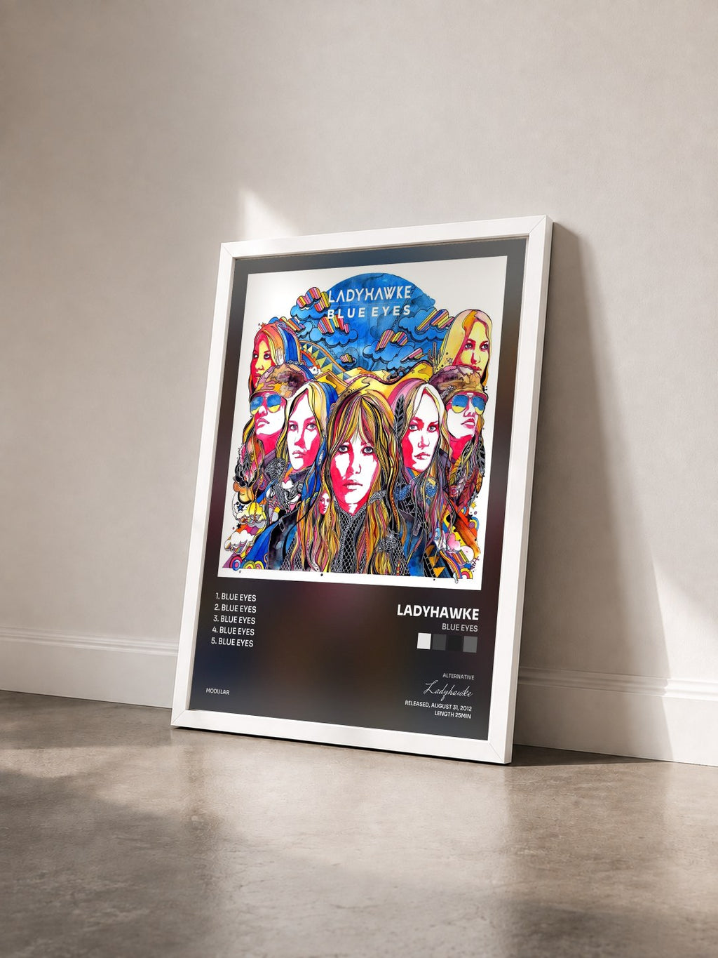 #blanc Tableau de l'album Blue Eyes de Ladyhawke vu de trois quarts, cadre blanc
