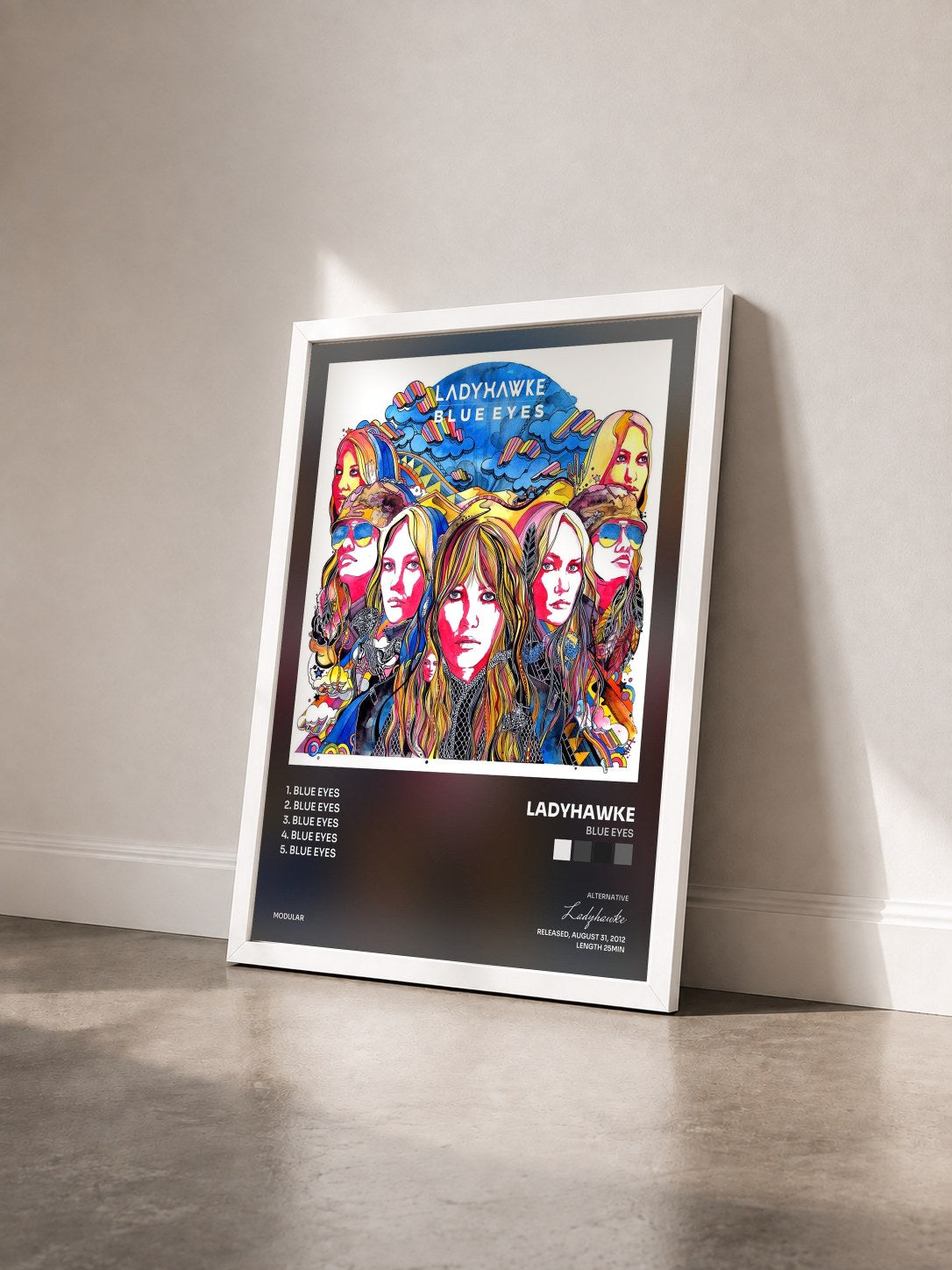 #blanc Tableau de l'album Blue Eyes de Ladyhawke vu de trois quarts, cadre blanc