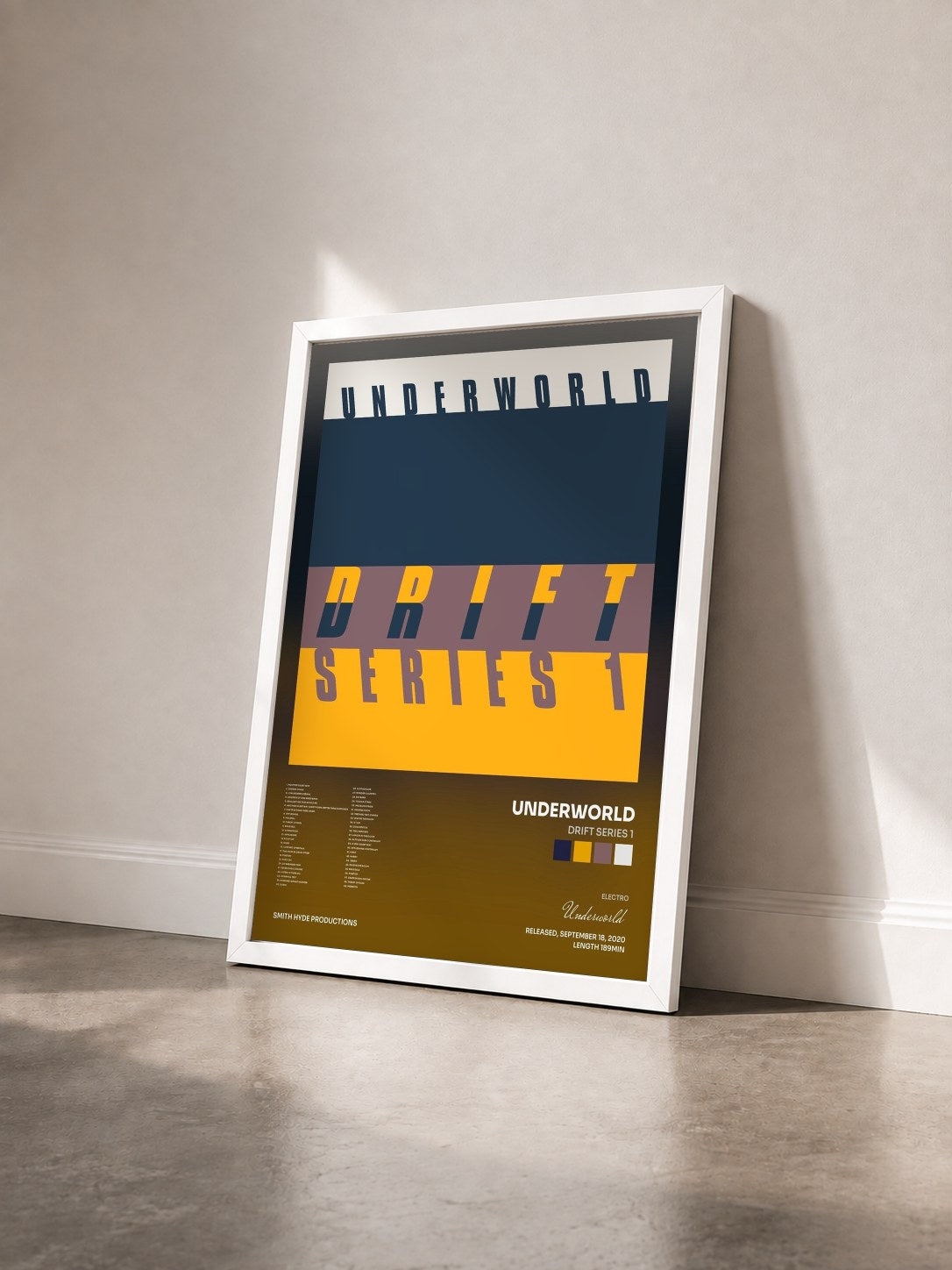 #blanc Tableau de l'album DRIFT Series 1 de Underworld vu de trois quarts, cadre blanc
