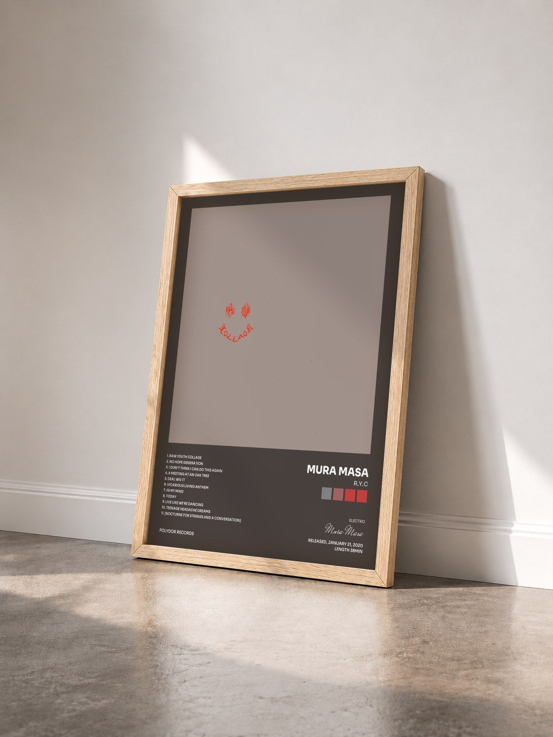 #bois Tableau de l'album R.Y.C de Mura Masa vu de trois quarts, cadre en bois brut