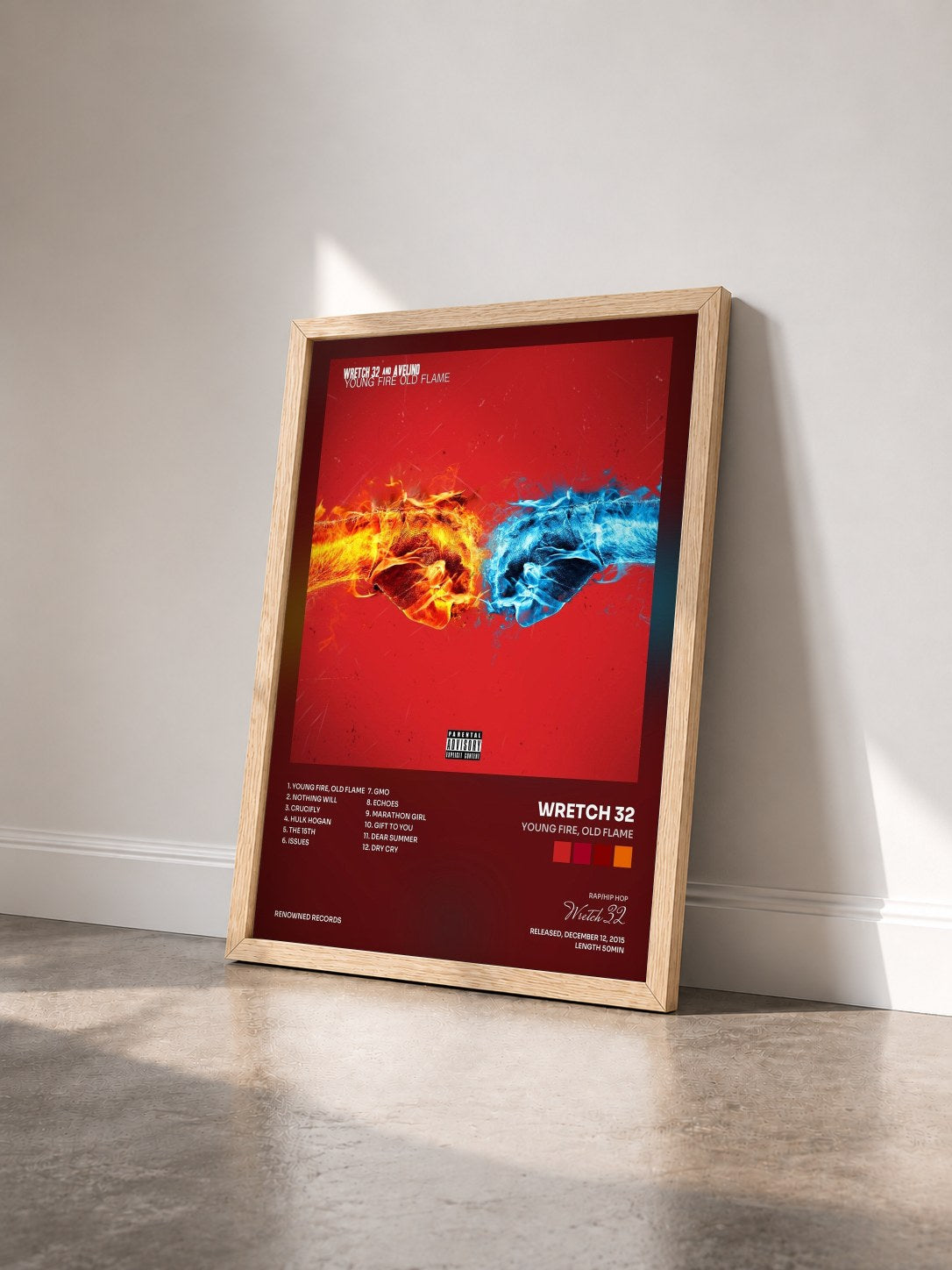 #bois Tableau de l'album Young Fire, Old Flame de Wretch 32 vu de trois quarts, cadre en bois brut