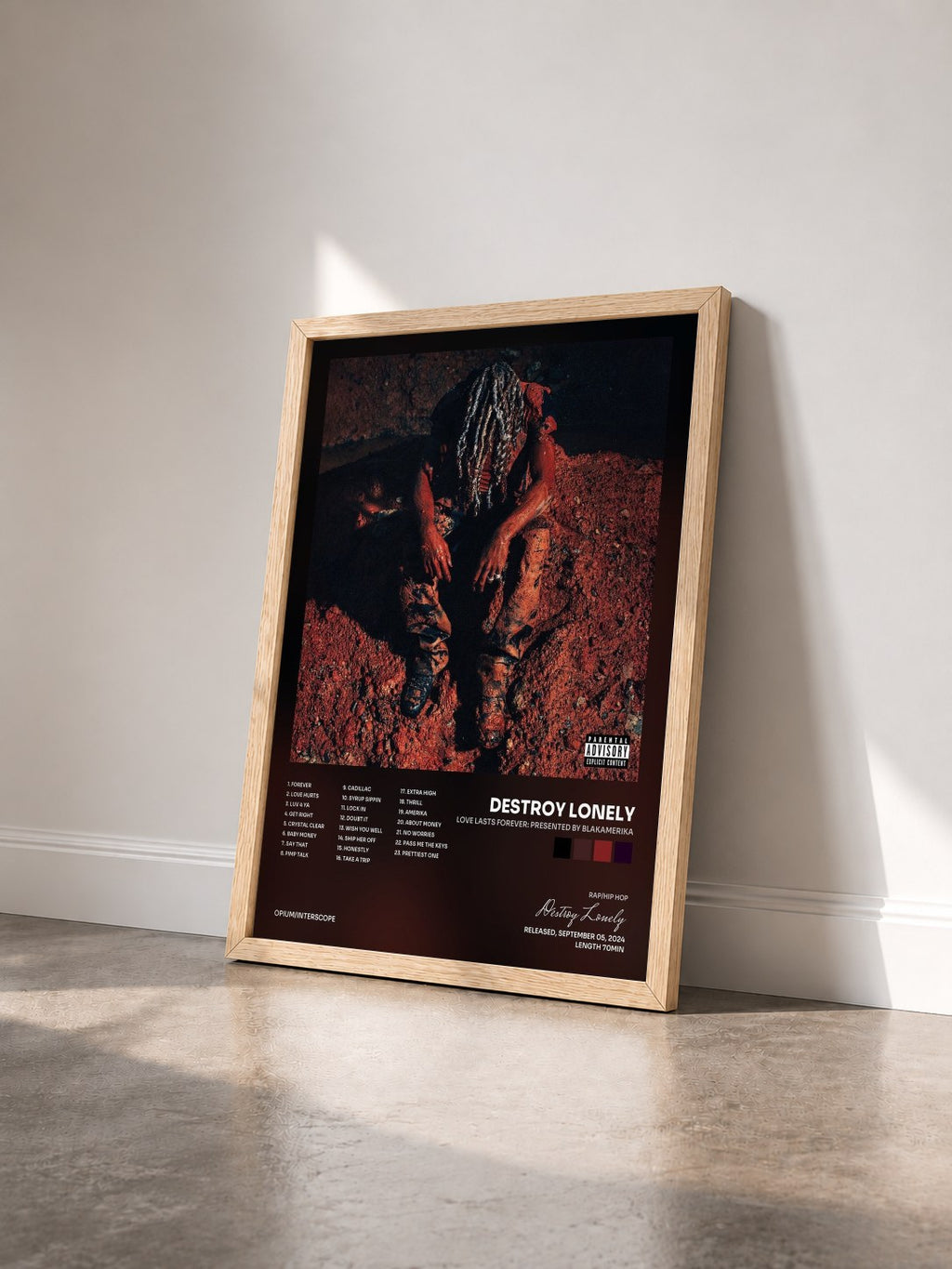 #bois Tableau de l'album LOVE LASTS FOREVER: PRESENTED BY BLAKAMERIKA de Destroy Lonely vu de trois quarts, cadre en bois brut