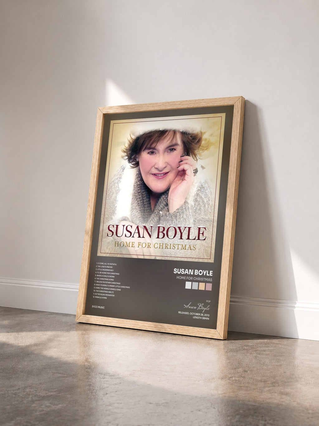 #bois Tableau de l'album Home for Christmas de Susan Boyle vu de trois quarts, cadre en bois brut
