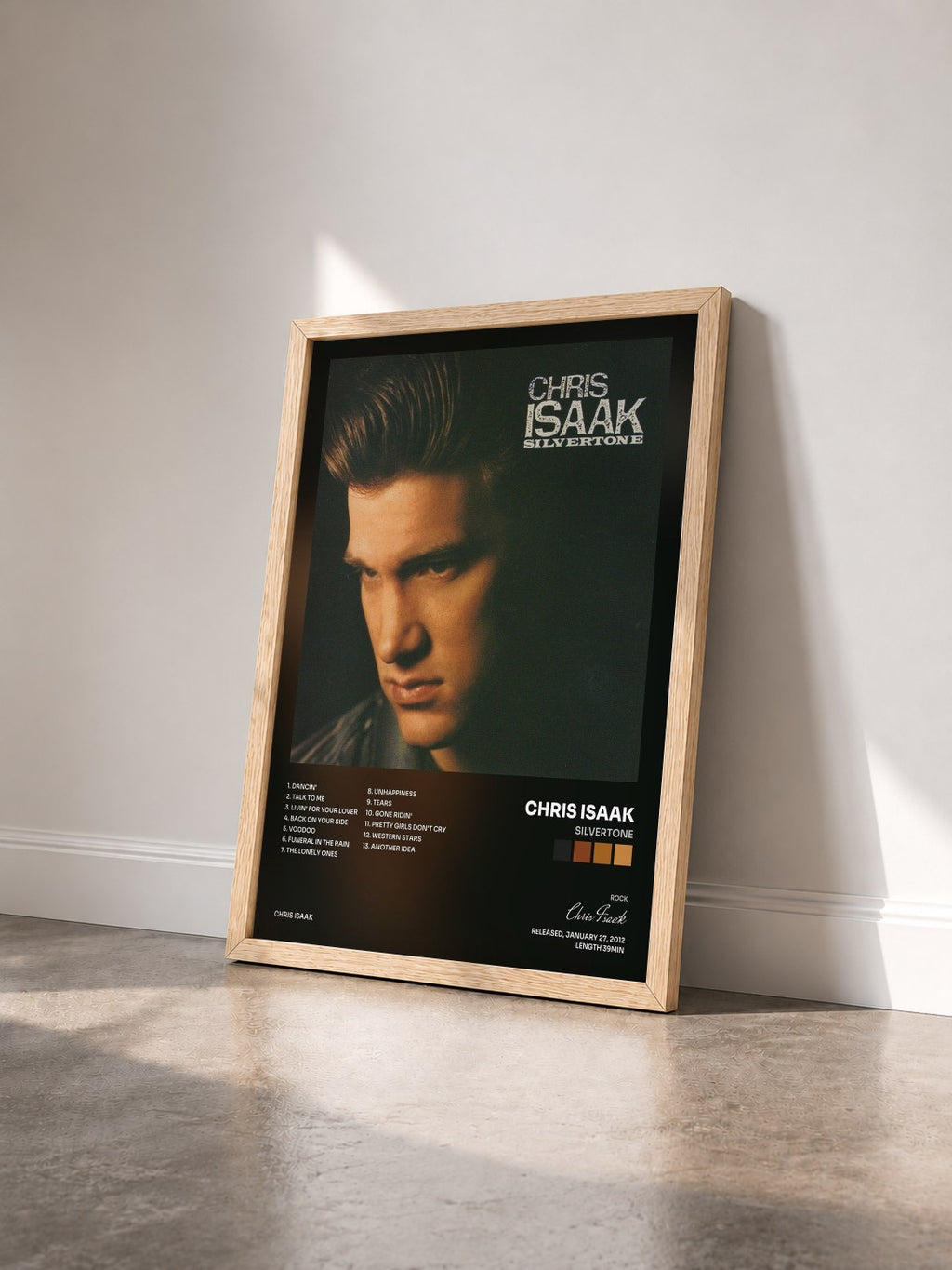 #bois Tableau de l'album Silvertone de Chris Isaak vu de trois quarts, cadre en bois brut