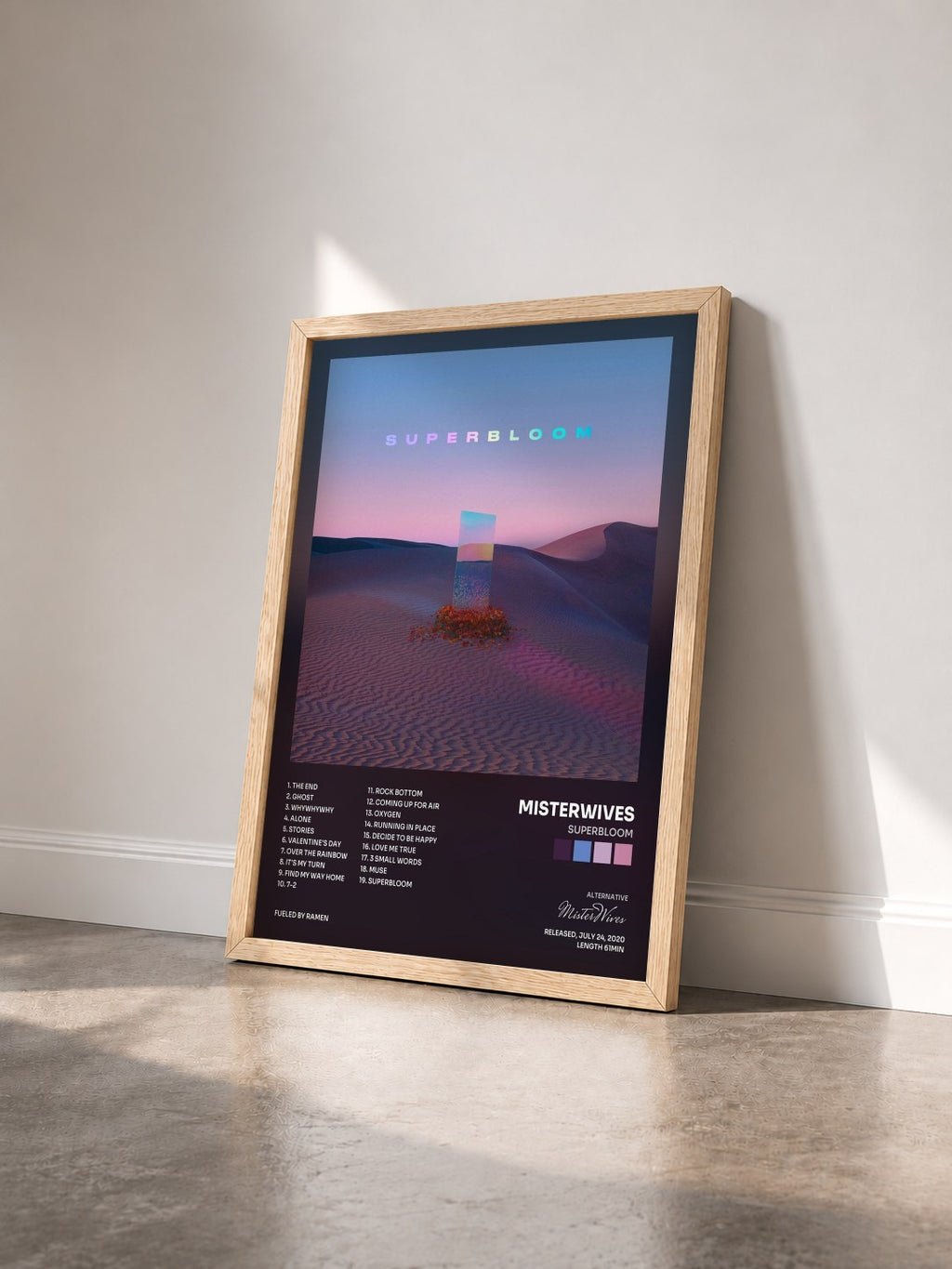 #bois Tableau de l'album SUPERBLOOM de MisterWives vu de trois quarts, cadre en bois brut