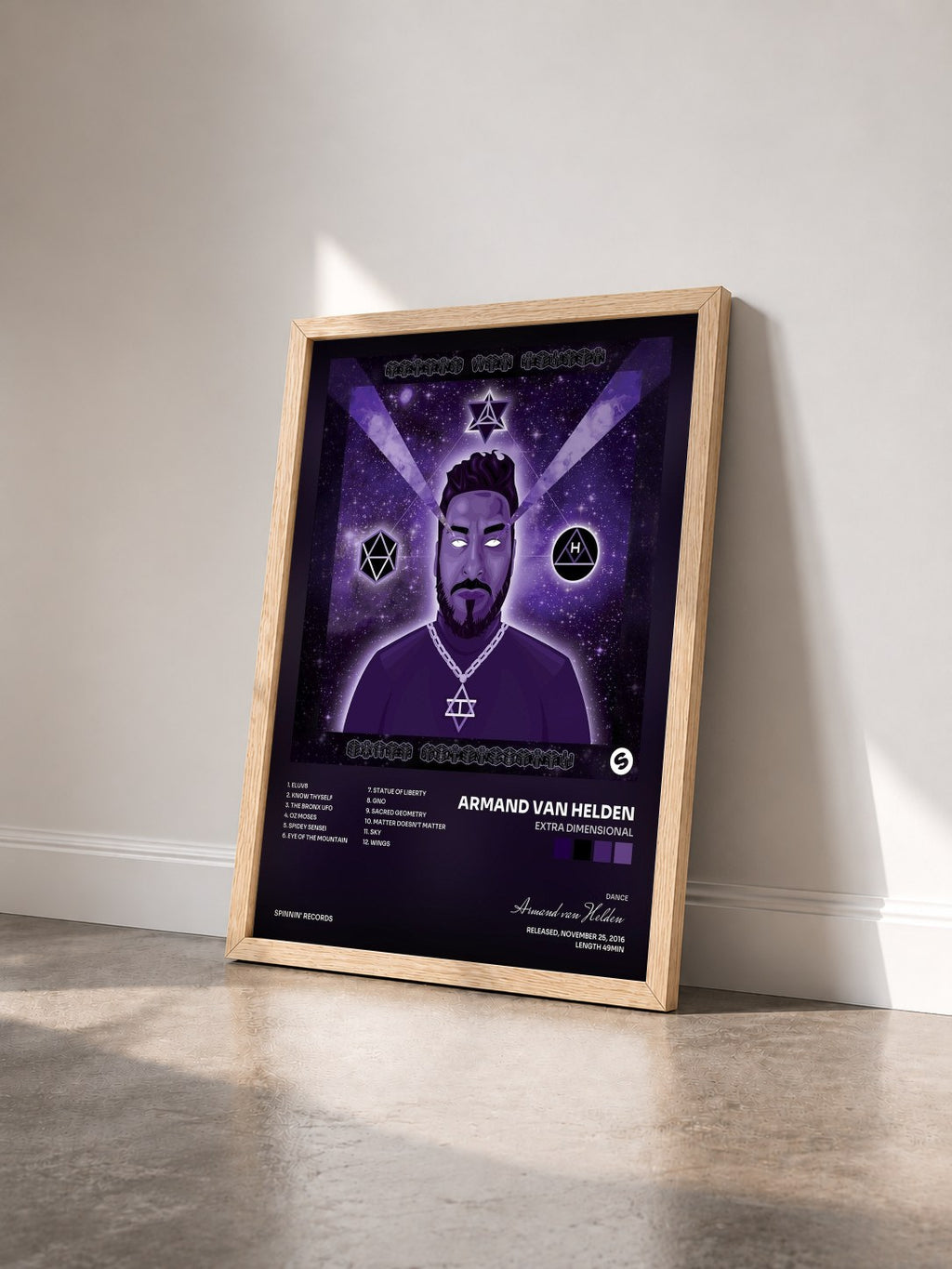#bois Tableau de l'album Extra Dimensional de Armand van Helden vu de trois quarts, cadre en bois brut