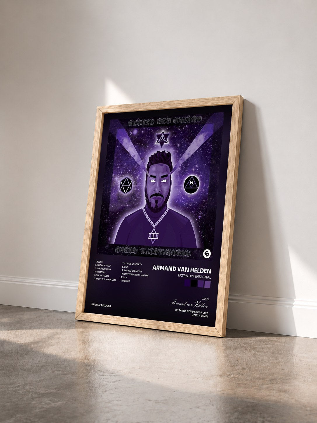 #bois Tableau de l'album Extra Dimensional de Armand van Helden vu de trois quarts, cadre en bois brut