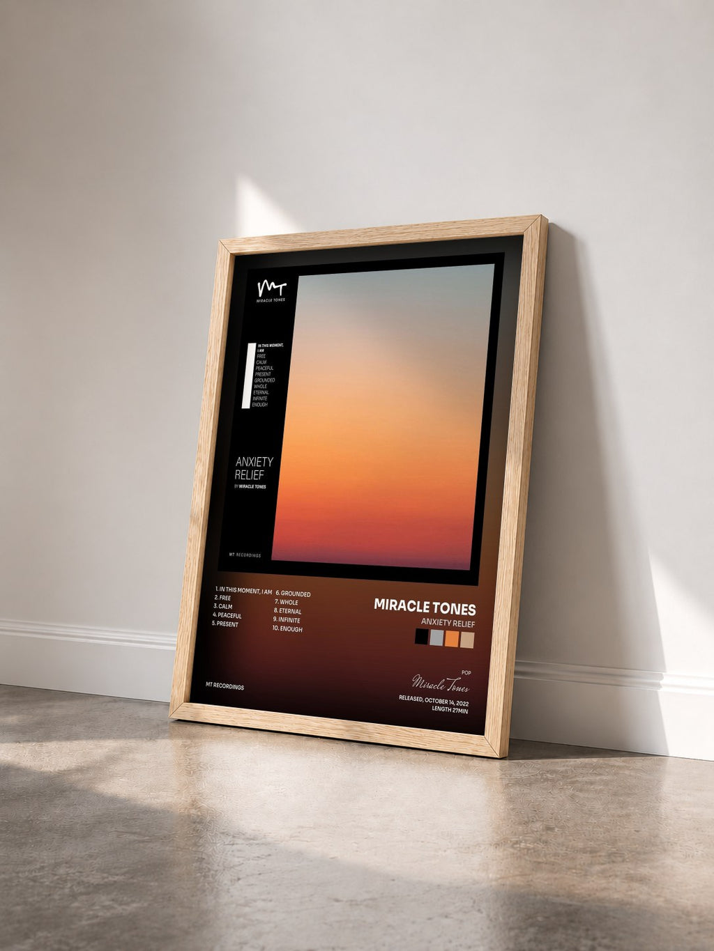 #bois Tableau de l'album Anxiety Relief de Miracle Tones vu de trois quarts, cadre en bois brut