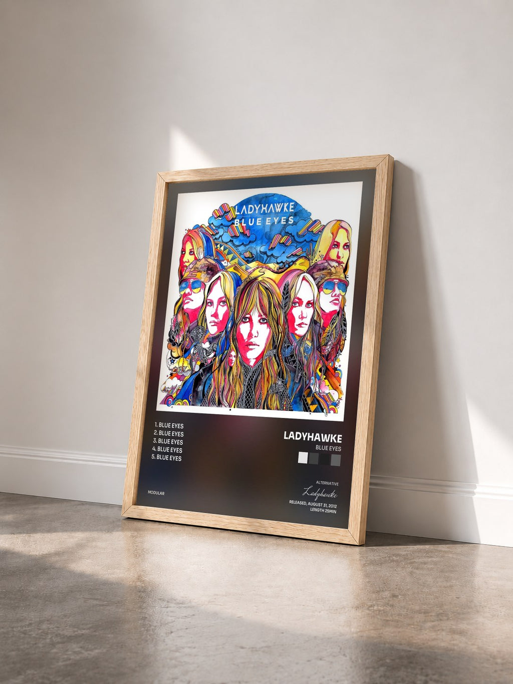 #bois Tableau de l'album Blue Eyes de Ladyhawke vu de trois quarts, cadre en bois brut