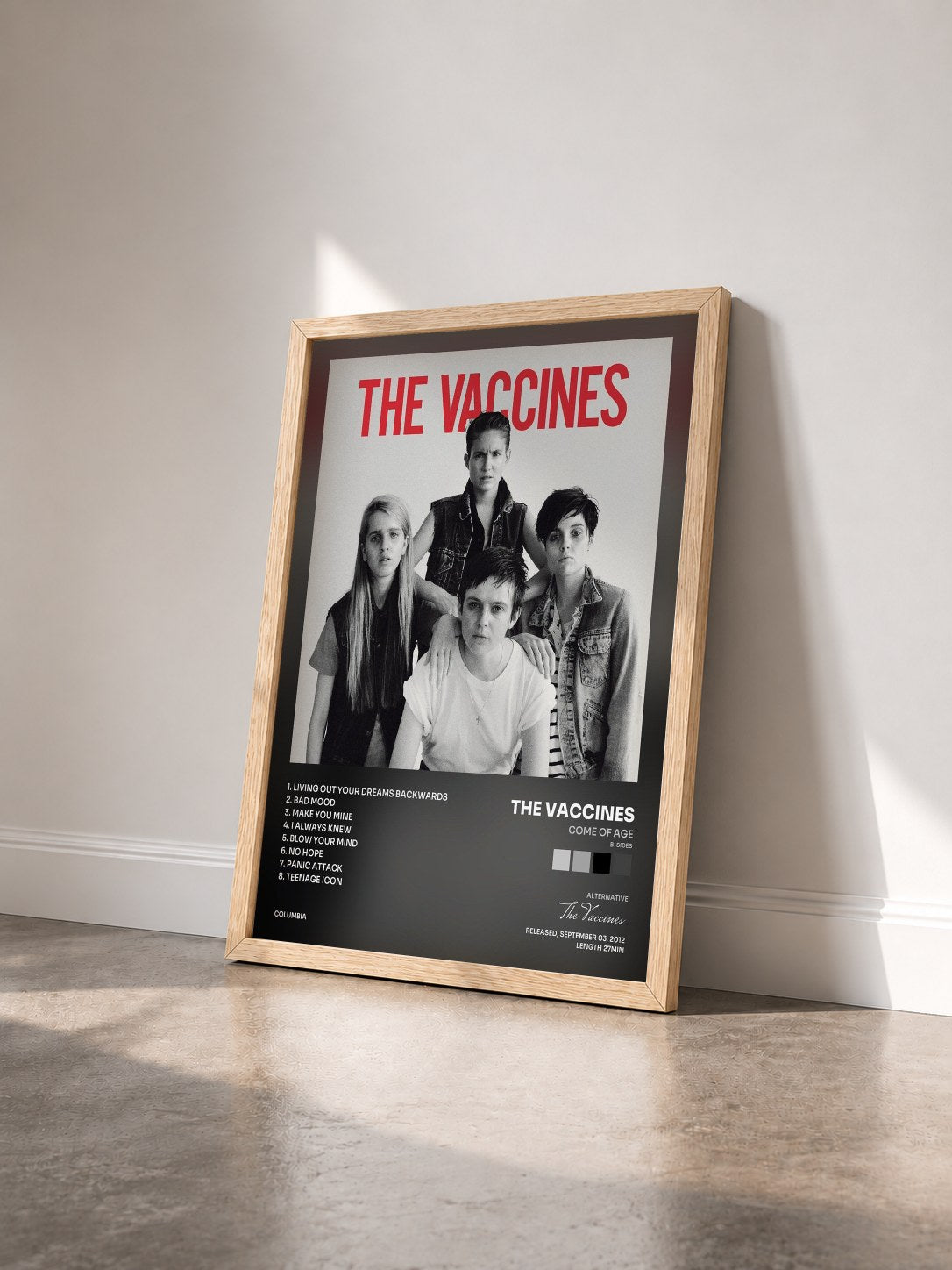 #bois Tableau de l'album Come Of Age (B-Sides) de The Vaccines vu de trois quarts, cadre en bois brut