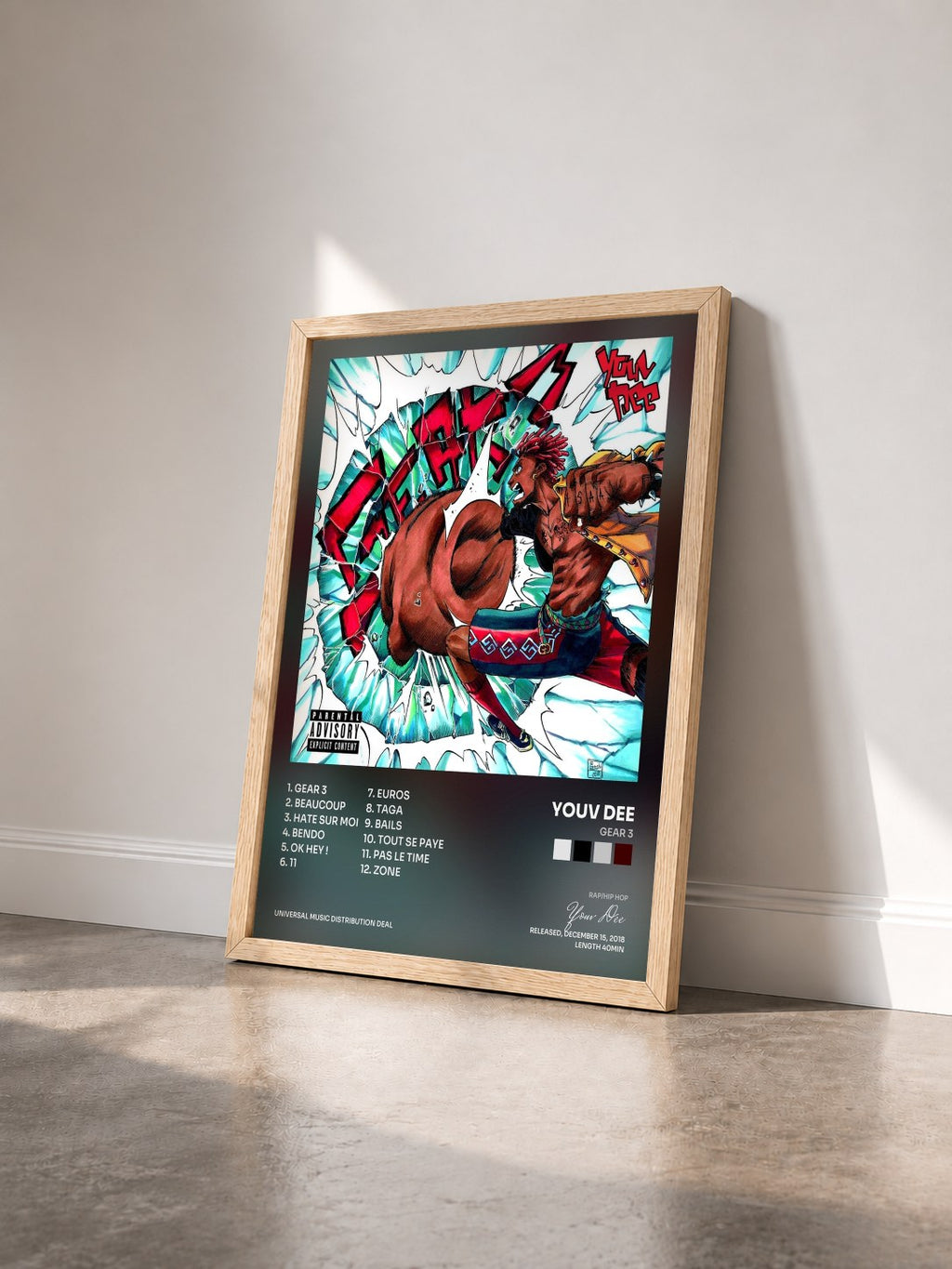 #bois Tableau de l'album Gear 3 de Youv Dee vu de trois quarts, cadre en bois brut