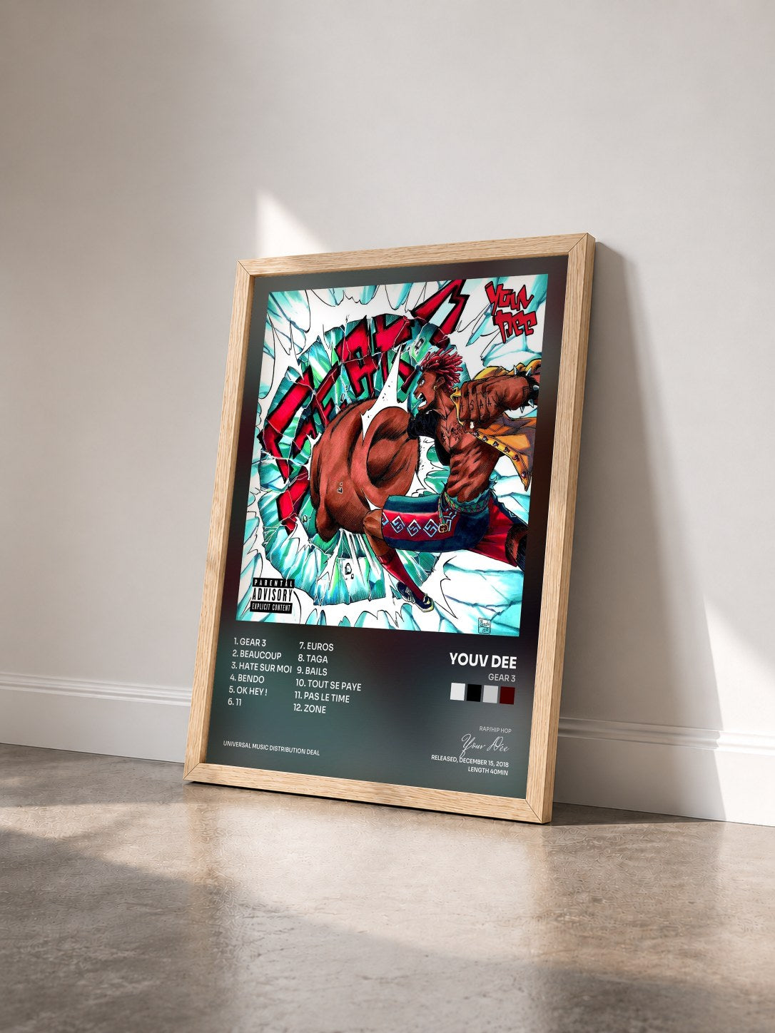 #bois Tableau de l'album Gear 3 de Youv Dee vu de trois quarts, cadre en bois brut