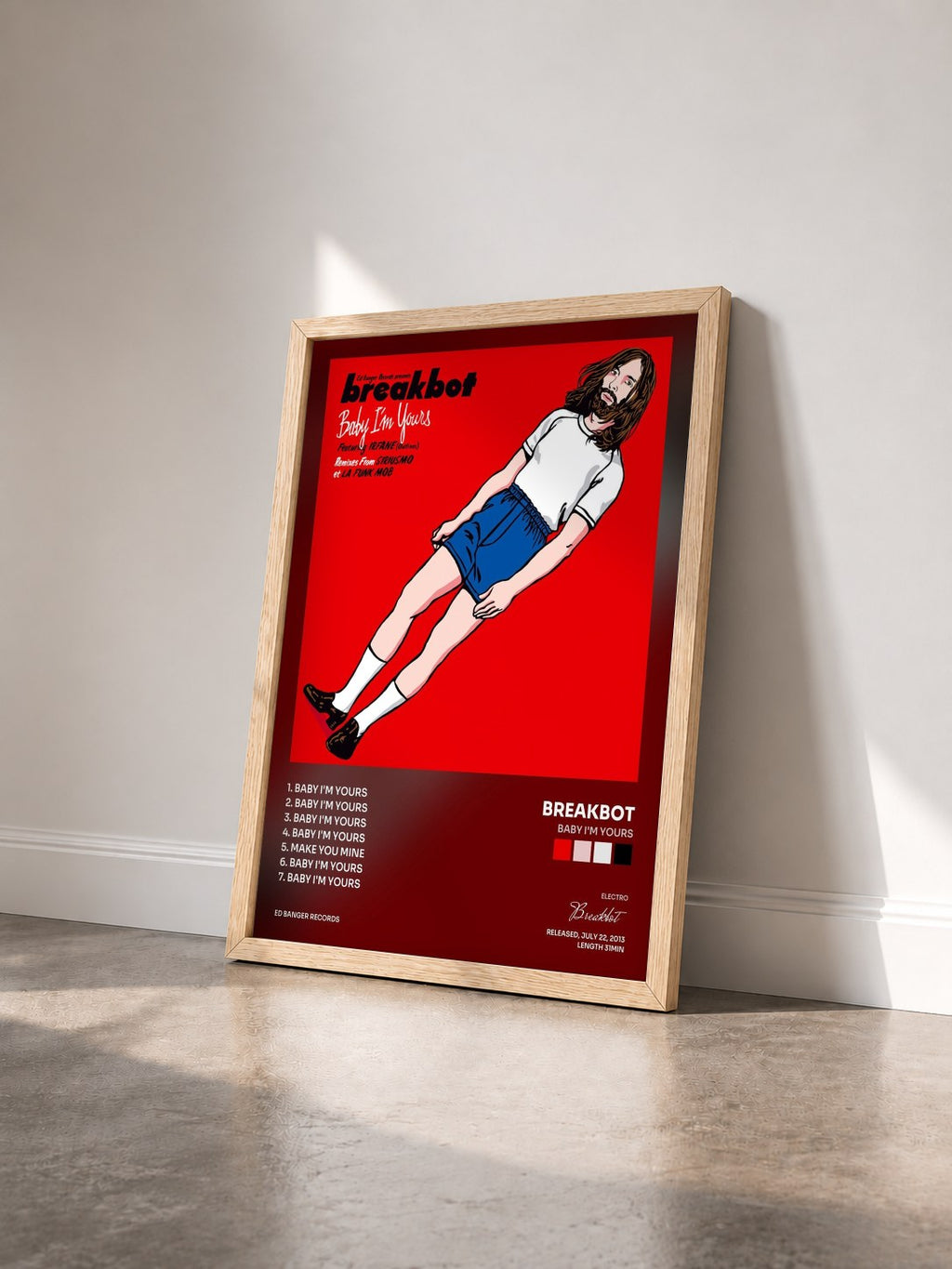 #bois Tableau de l'album Baby I'm Yours de Breakbot vu de trois quarts, cadre en bois brut