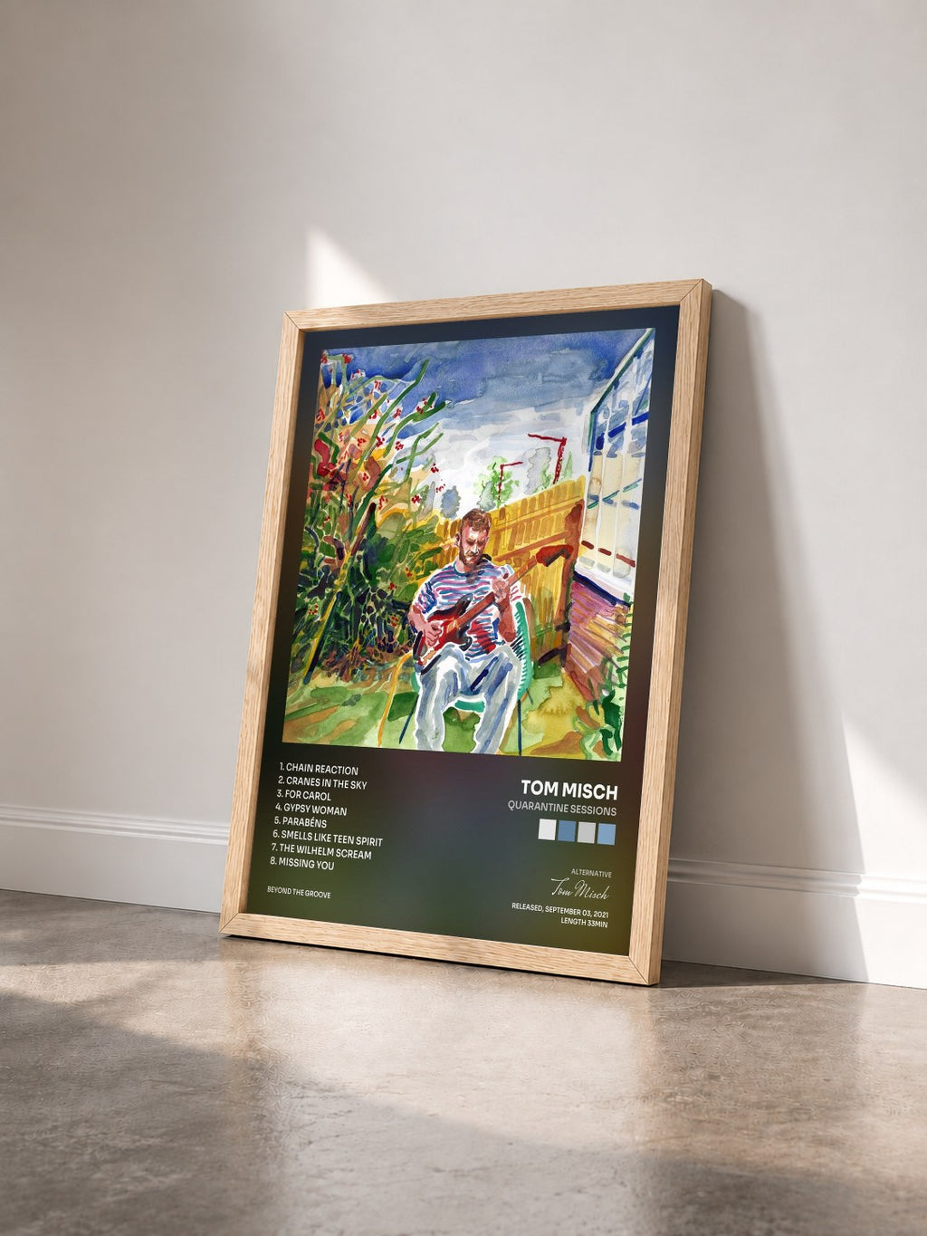 #bois Tableau de l'album Quarantine Sessions de Tom Misch vu de trois quarts, cadre en bois brut