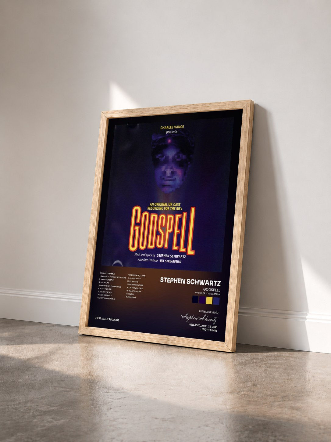 #bois Tableau de l'album Godspell (1994 UK Cast Recording) de Stephen Schwartz vu de trois quarts, cadre en bois brut