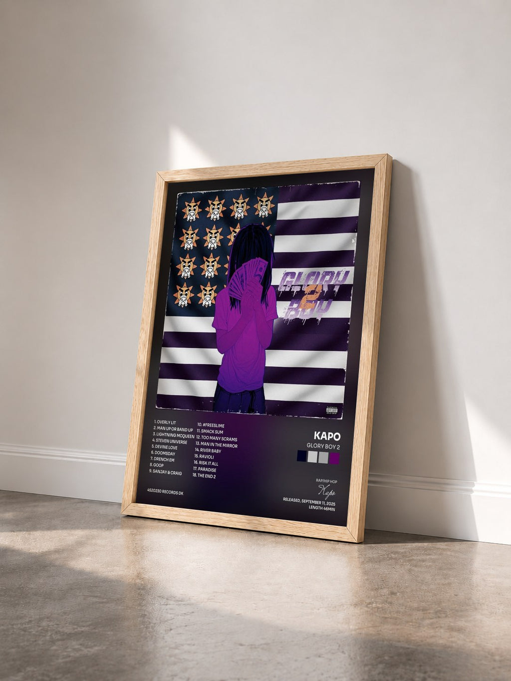 #bois Tableau de l'album Glory Boy 2 de Kapo vu de trois quarts, cadre en bois brut
