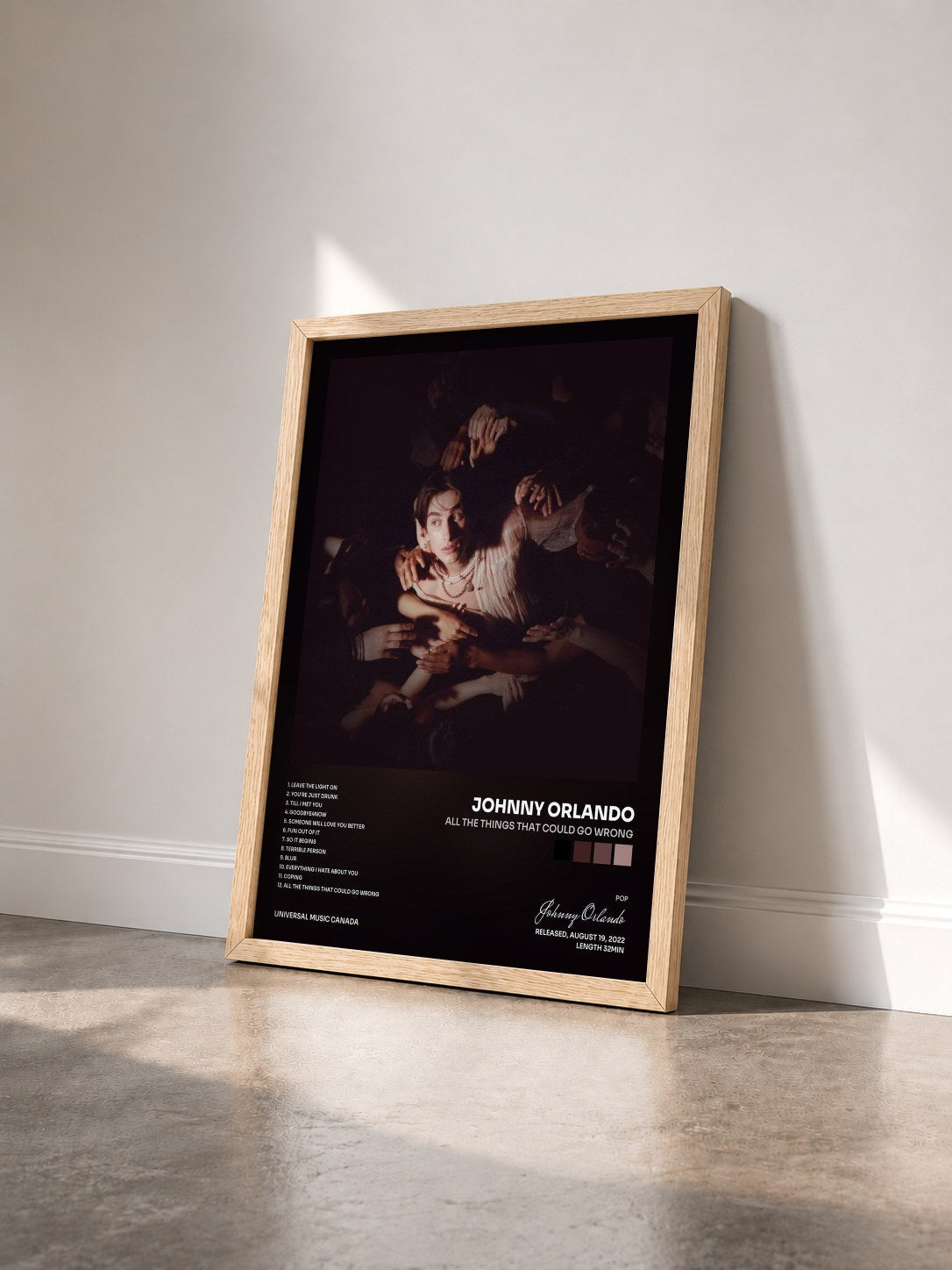 #bois Tableau de l'album all the things that could go wrong de Johnny Orlando vu de trois quarts, cadre en bois brut