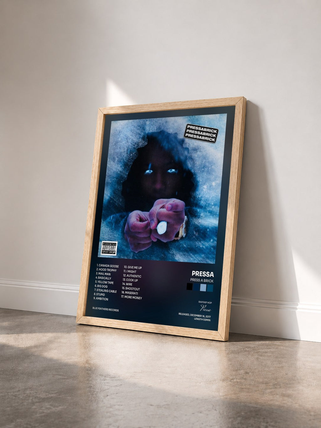 #bois Tableau de l'album Press a Brick de Pressa vu de trois quarts, cadre en bois brut