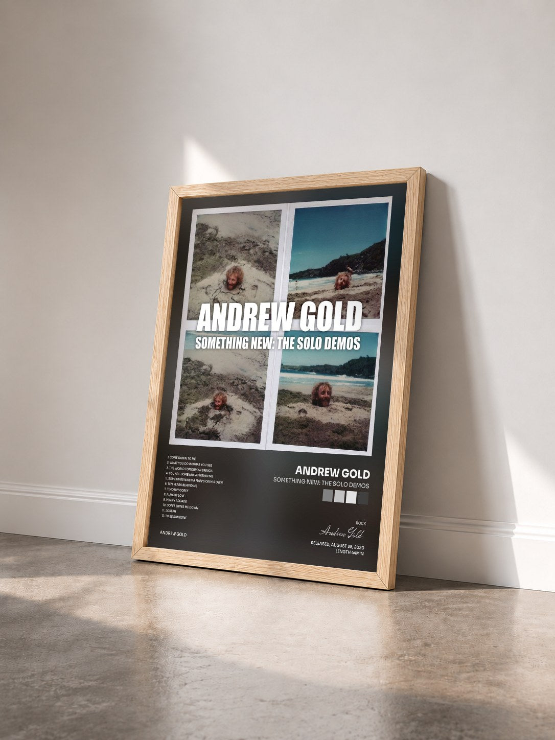 #bois Tableau de l'album Something New: The Solo Demos de Andrew Gold vu de trois quarts, cadre en bois brut