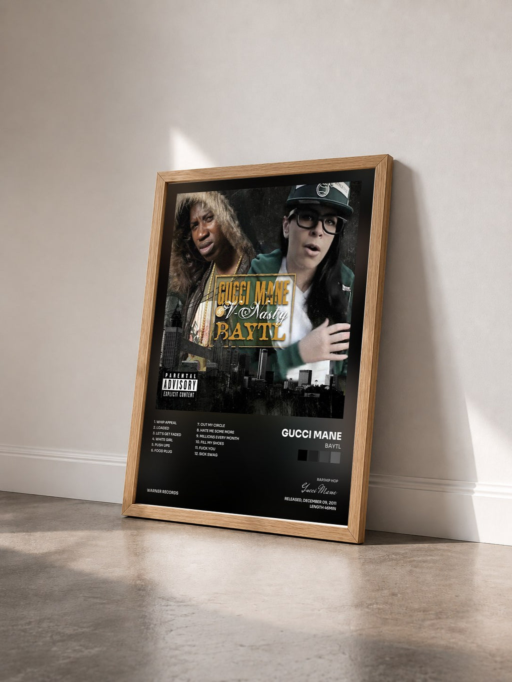#bois Tableau de l'album BAYTL de Gucci Mane vu de trois quarts, cadre en bois brut