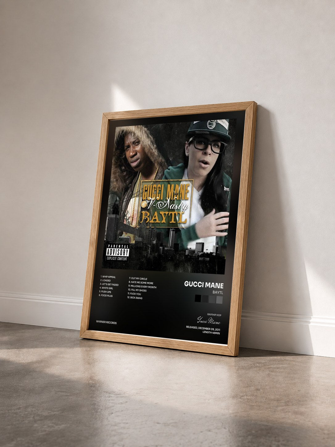 #bois Tableau de l'album BAYTL de Gucci Mane vu de trois quarts, cadre en bois brut