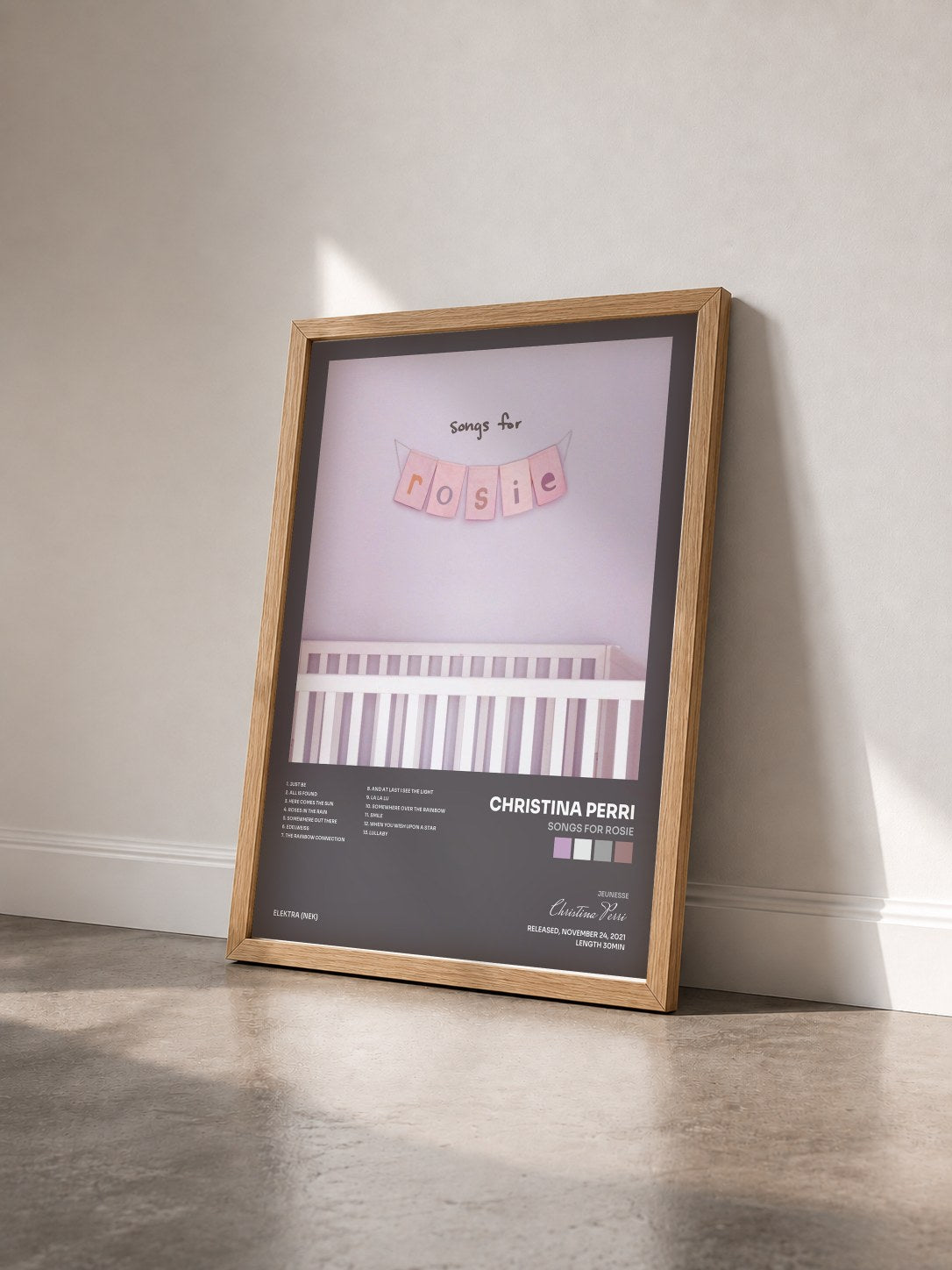 #bois Tableau de l'album songs for rosie de Christina Perri vu de trois quarts, cadre en bois brut