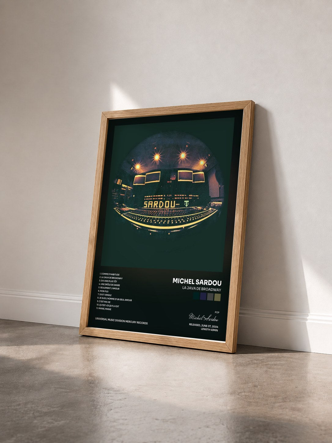 #bois Tableau de l'album La Java De Broadway de Michel Sardou vu de trois quarts, cadre en bois brut