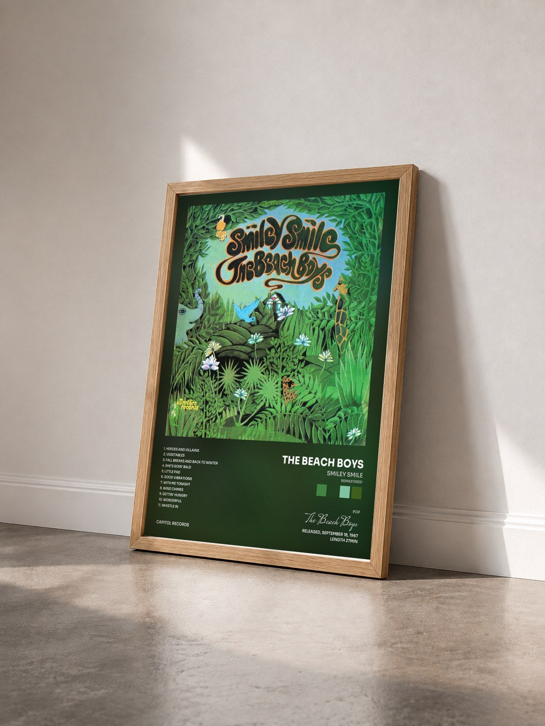 #bois Tableau de l'album Smiley Smile (Remastered) de The Beach Boys vu de trois quarts, cadre en bois brut