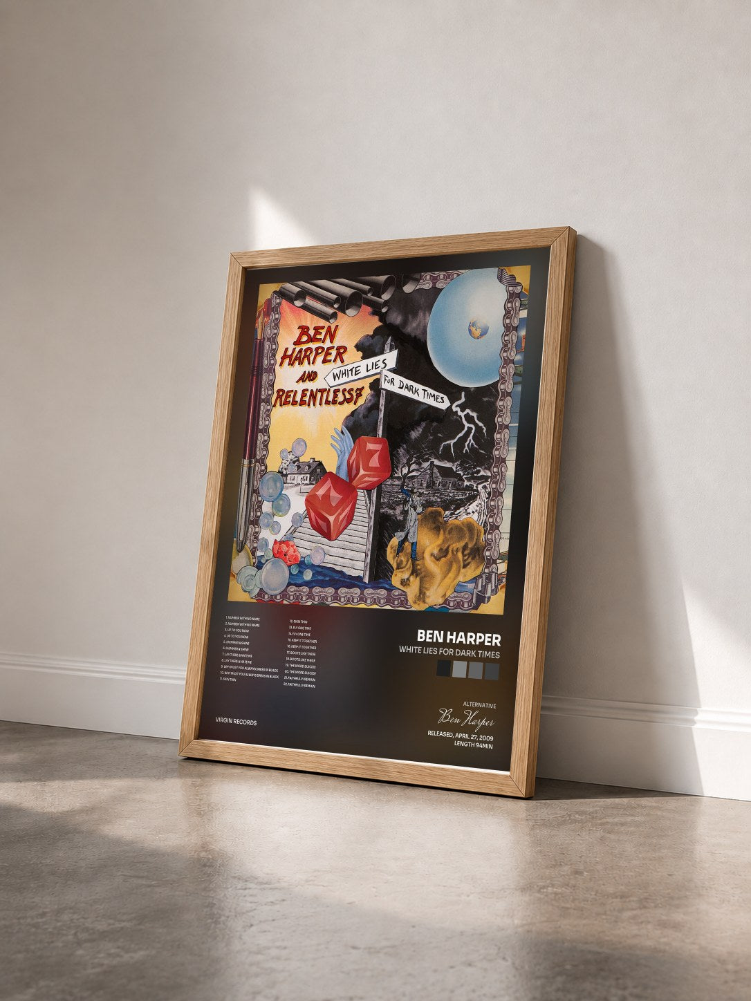 #bois Tableau de l'album White Lies For Dark Times de Ben Harper vu de trois quarts, cadre en bois brut