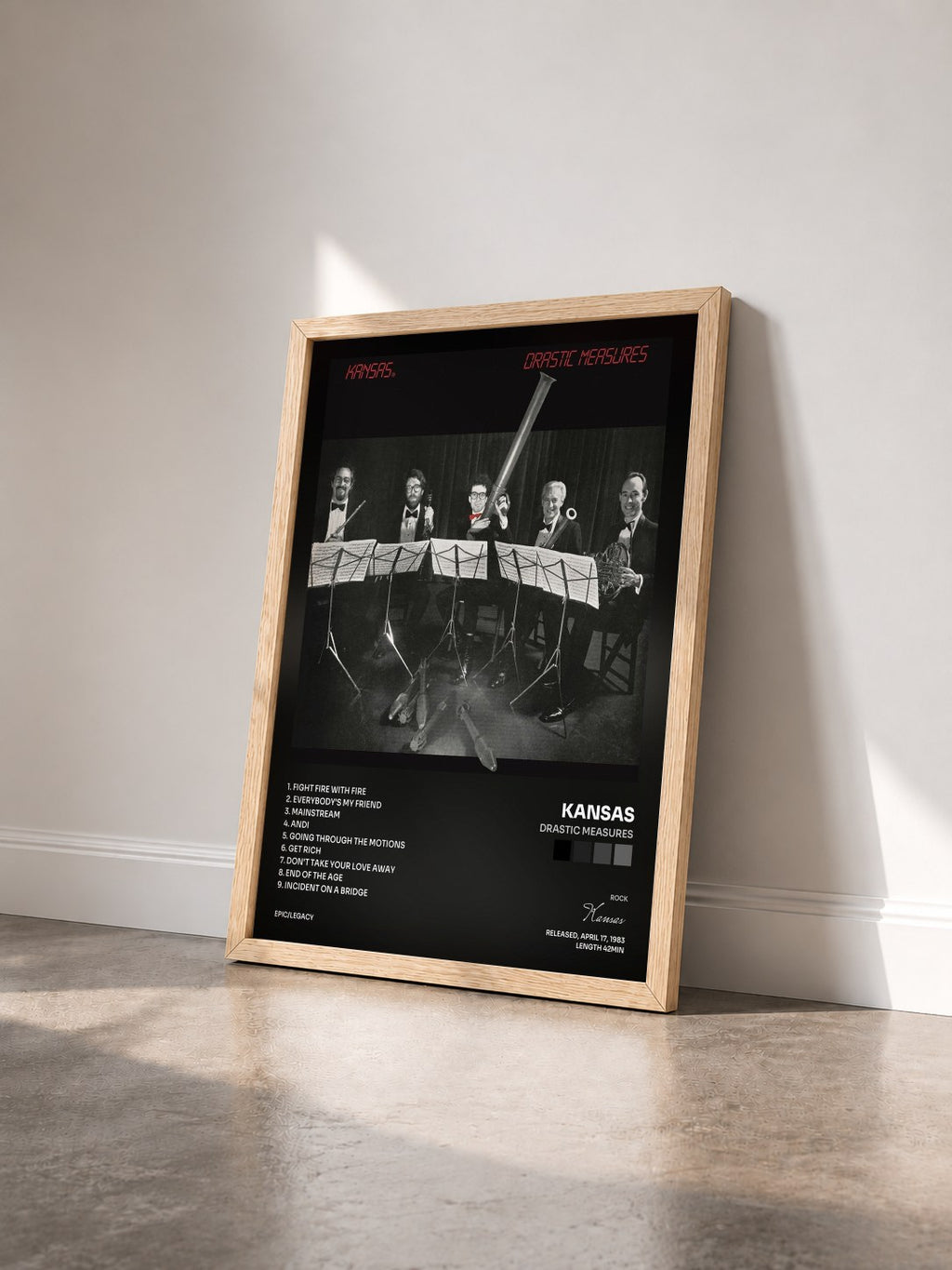 #bois Tableau de l'album Drastic Measures de Kansas vu de trois quarts, cadre en bois brut