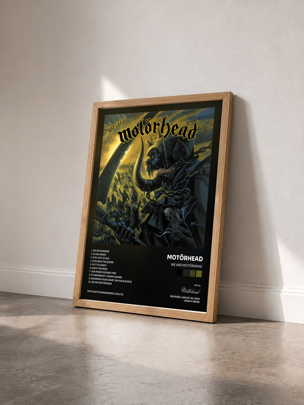 #bois Tableau de l'album We Are Motörhead de Motörhead vu de trois quarts, cadre en bois brut