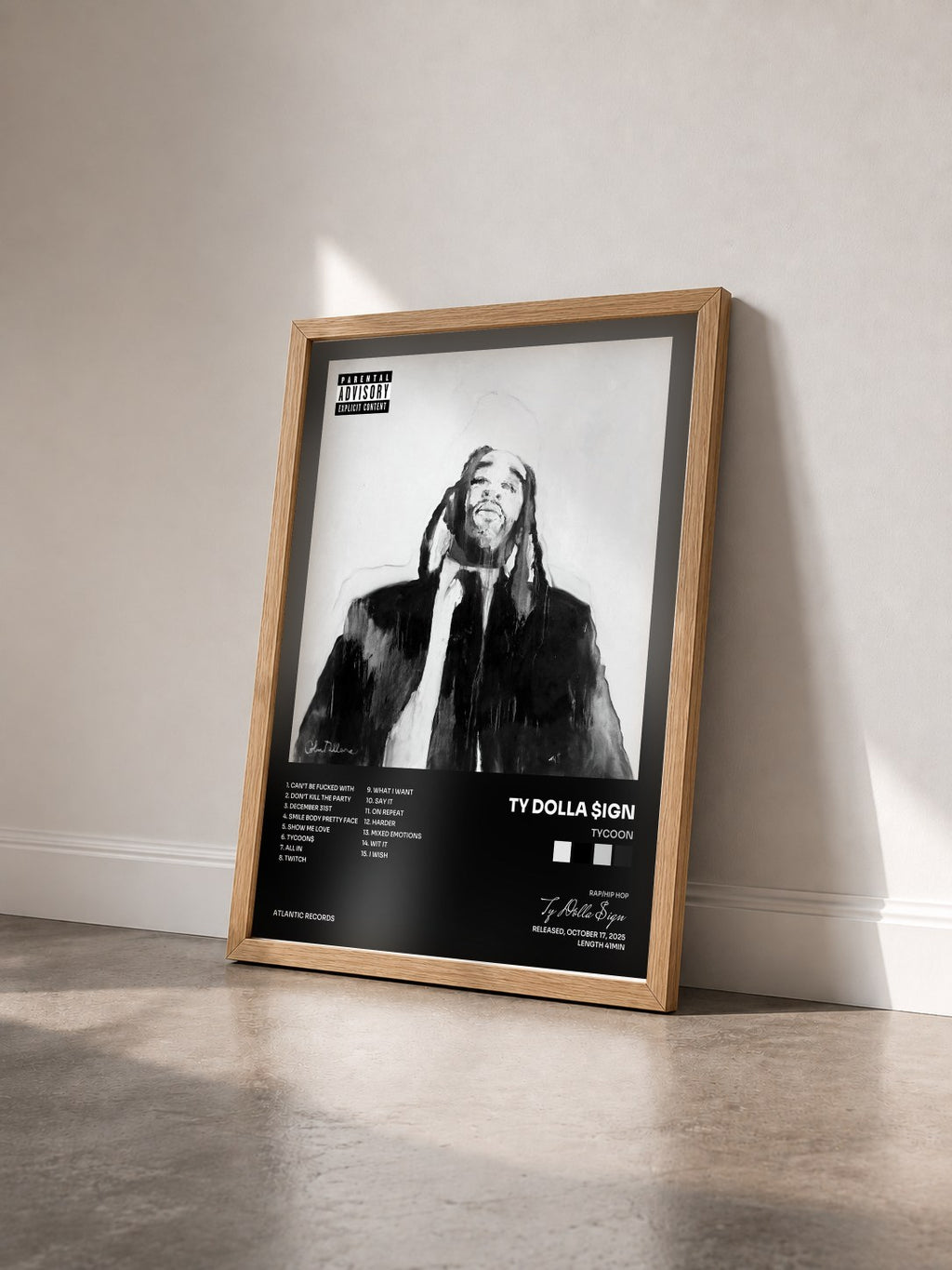 #bois Tableau de l'album TYCOON de Ty Dolla $ign vu de trois quarts, cadre en bois brut