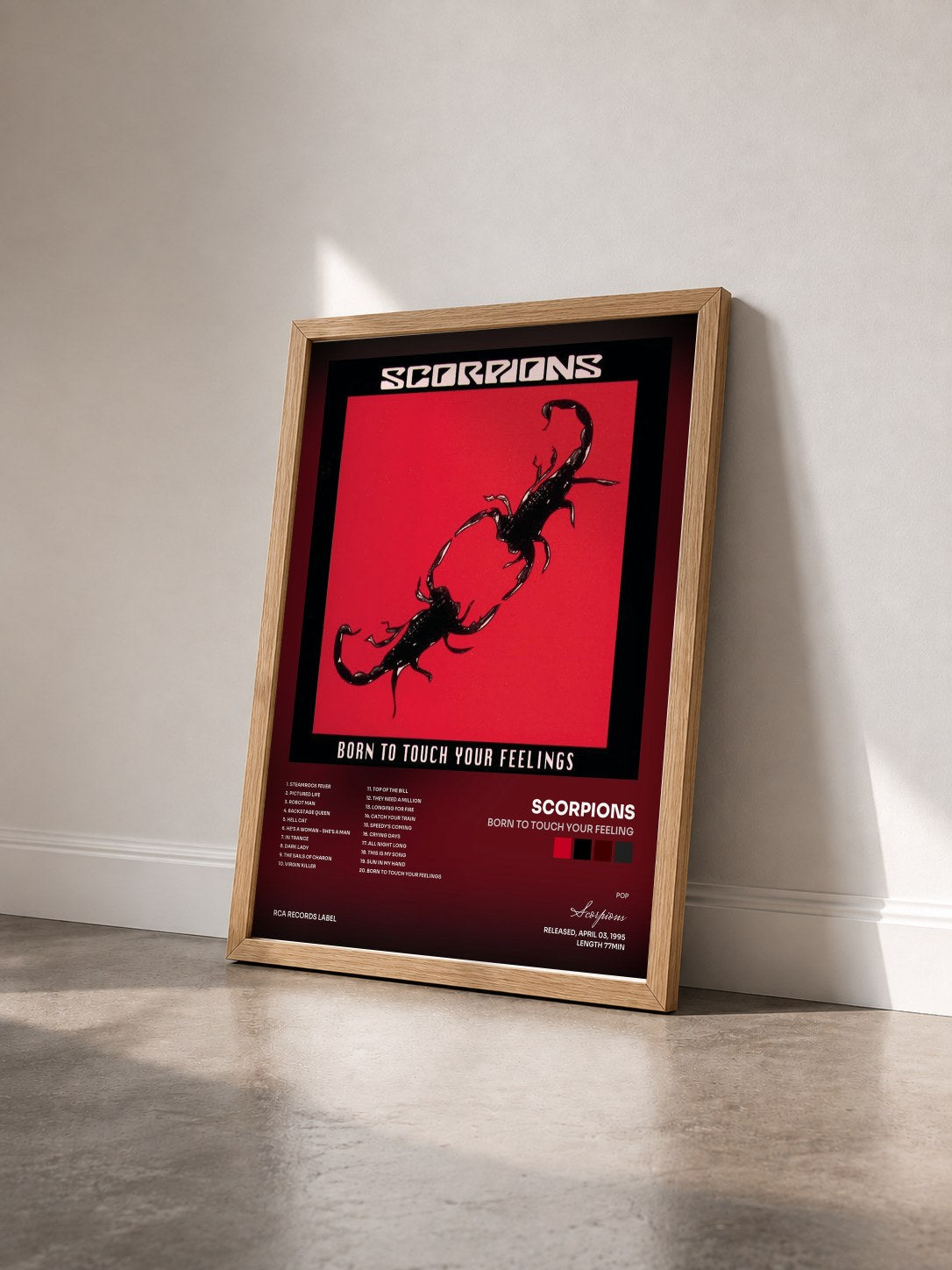 #bois Tableau de l'album Born To Touch Your Feeling de Scorpions vu de trois quarts, cadre en bois brut
