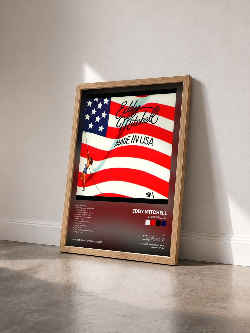 #bois Tableau de l'album Made In U.S.A. de Eddy Mitchell vu de trois quarts, cadre en bois brut