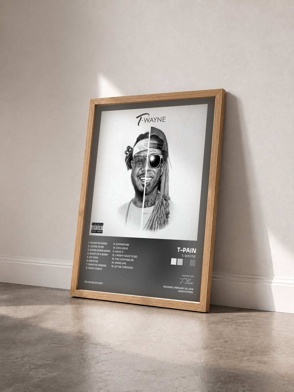 #bois Tableau de l'album T-Wayne de T-Pain vu de trois quarts, cadre en bois brut