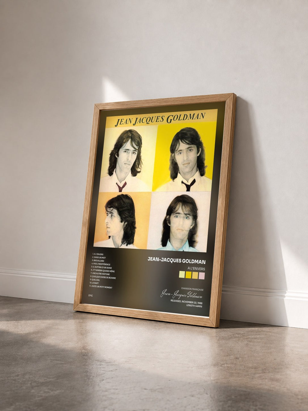 #bois Tableau de l'album A l'envers de Jean-Jacques Goldman vu de trois quarts, cadre en bois brut
