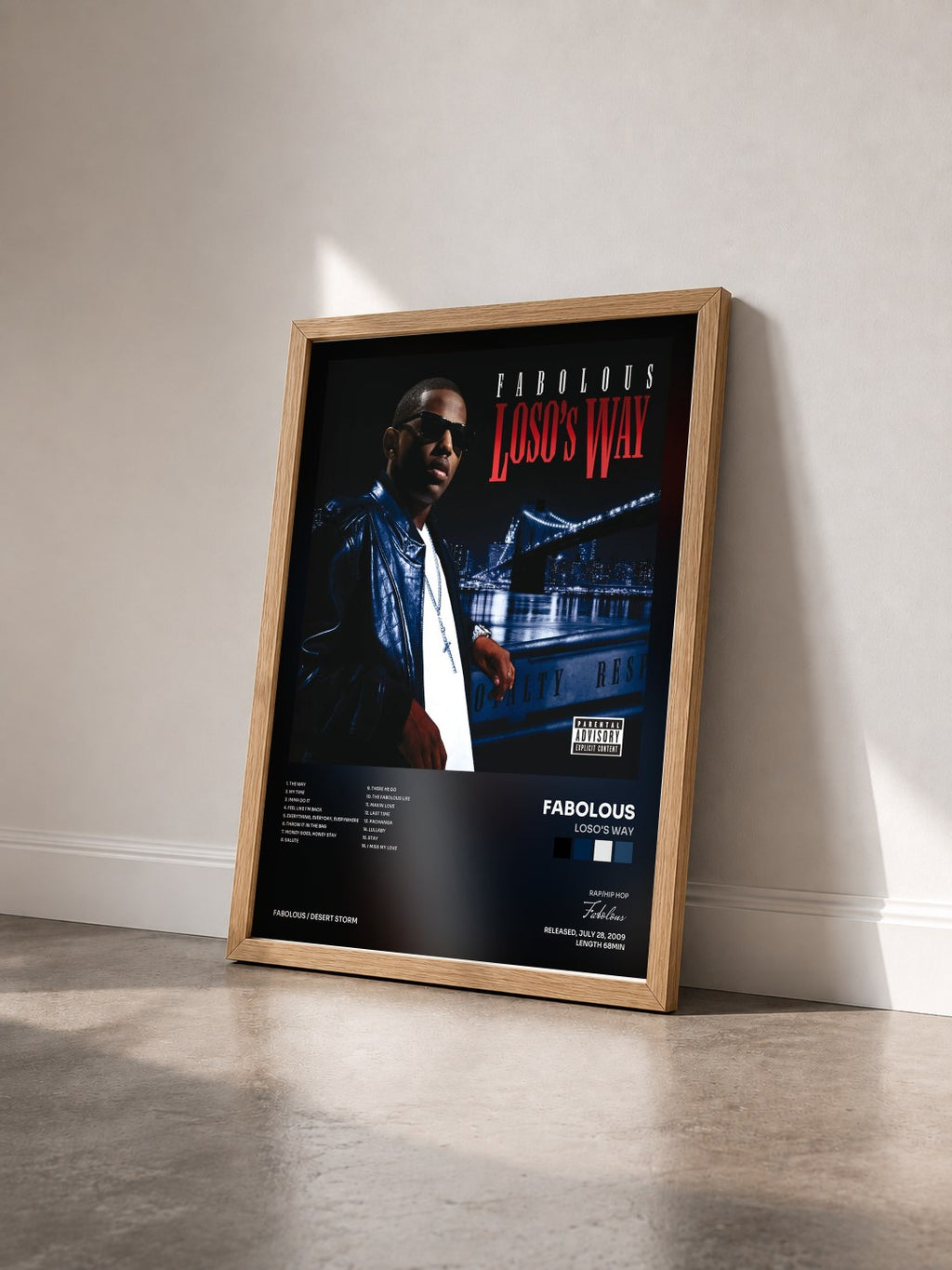 #bois Tableau de l'album Loso's Way de Fabolous vu de trois quarts, cadre en bois brut
