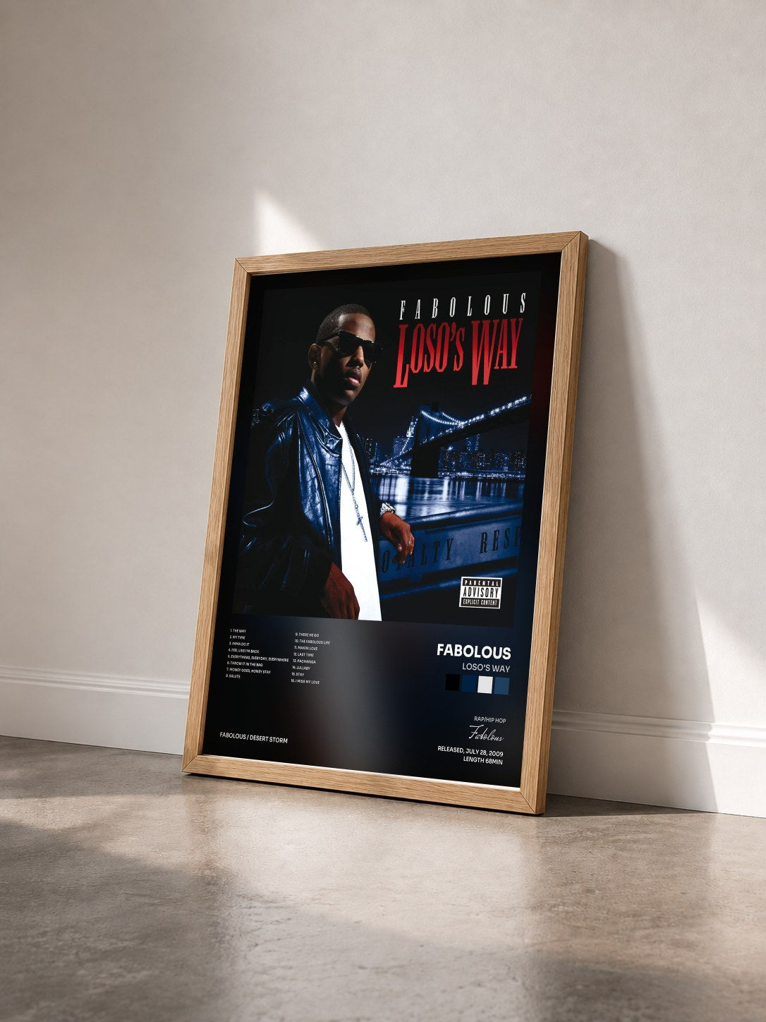 #bois Tableau de l'album Loso's Way de Fabolous vu de trois quarts, cadre en bois brut