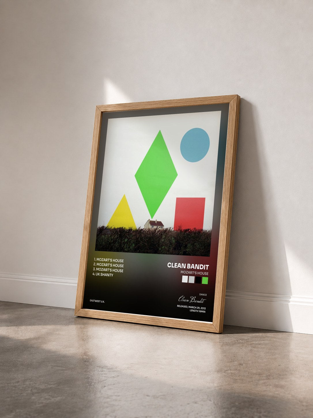 #bois Tableau de l'album Mozart's House de Clean Bandit vu de trois quarts, cadre en bois brut