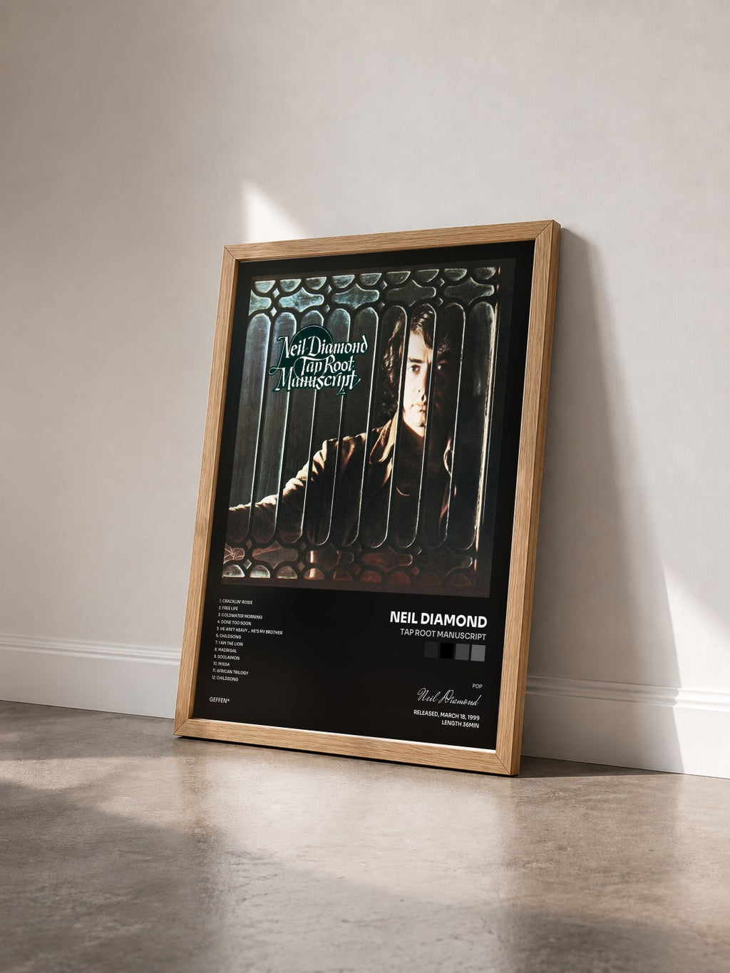 #bois Tableau de l'album Tap Root Manuscript de Neil Diamond vu de trois quarts, cadre en bois brut