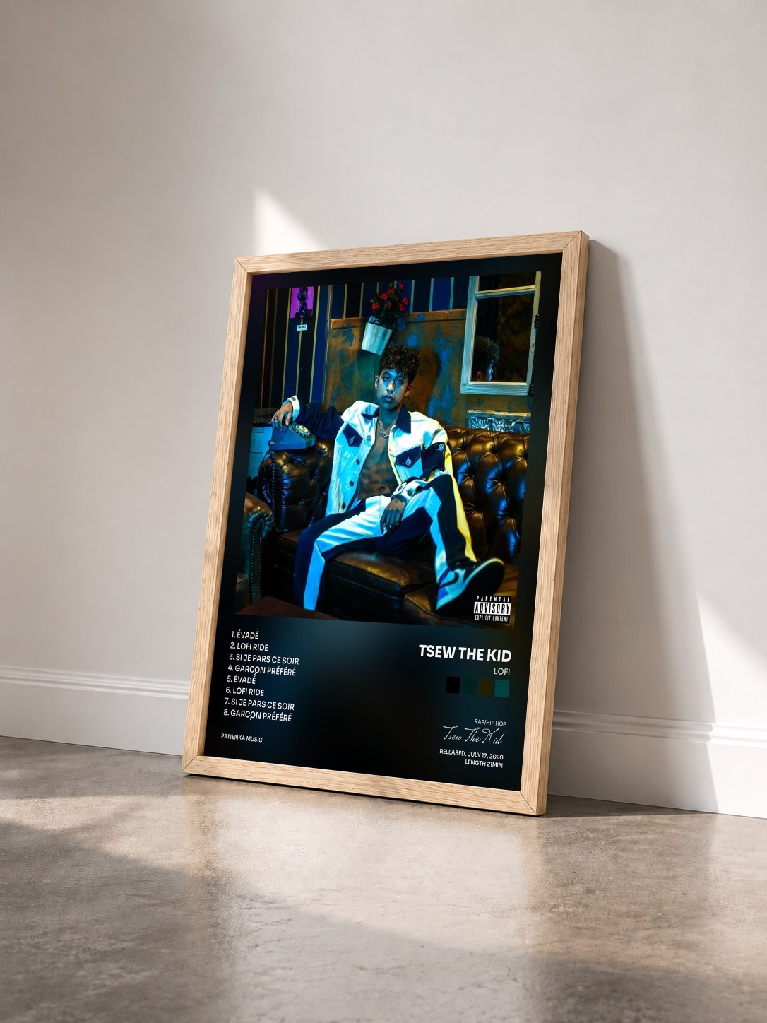 #bois Tableau de l'album LOFI de Tsew The Kid vu de trois quarts, cadre en bois brut