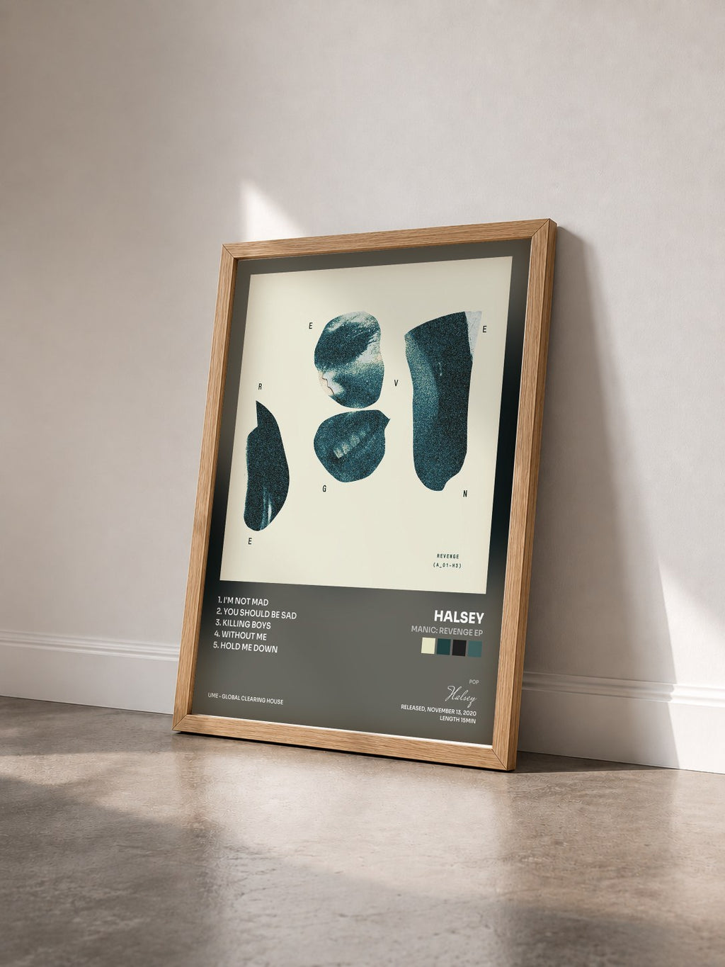 #bois Tableau de l'album Manic: Revenge EP de Halsey vu de trois quarts, cadre en bois brut