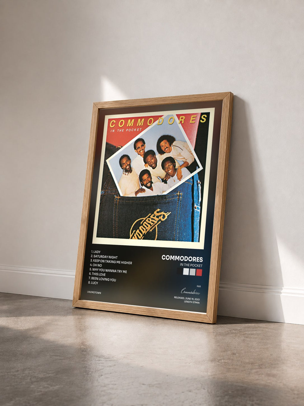 #bois Tableau de l'album In The Pocket de Commodores vu de trois quarts, cadre en bois brut