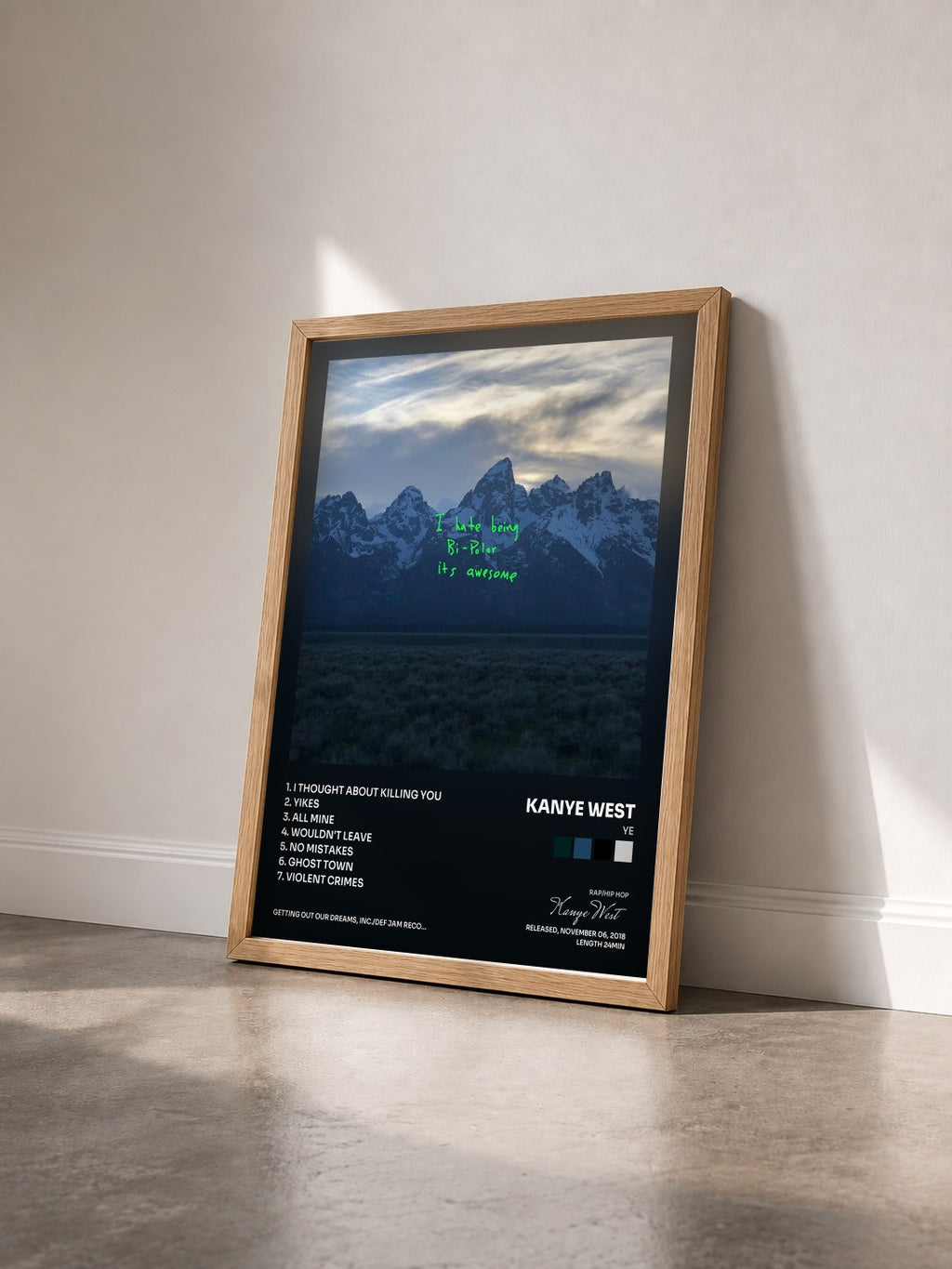 #bois Tableau de l'album ye de Kanye West vu de trois quarts, cadre en bois brut