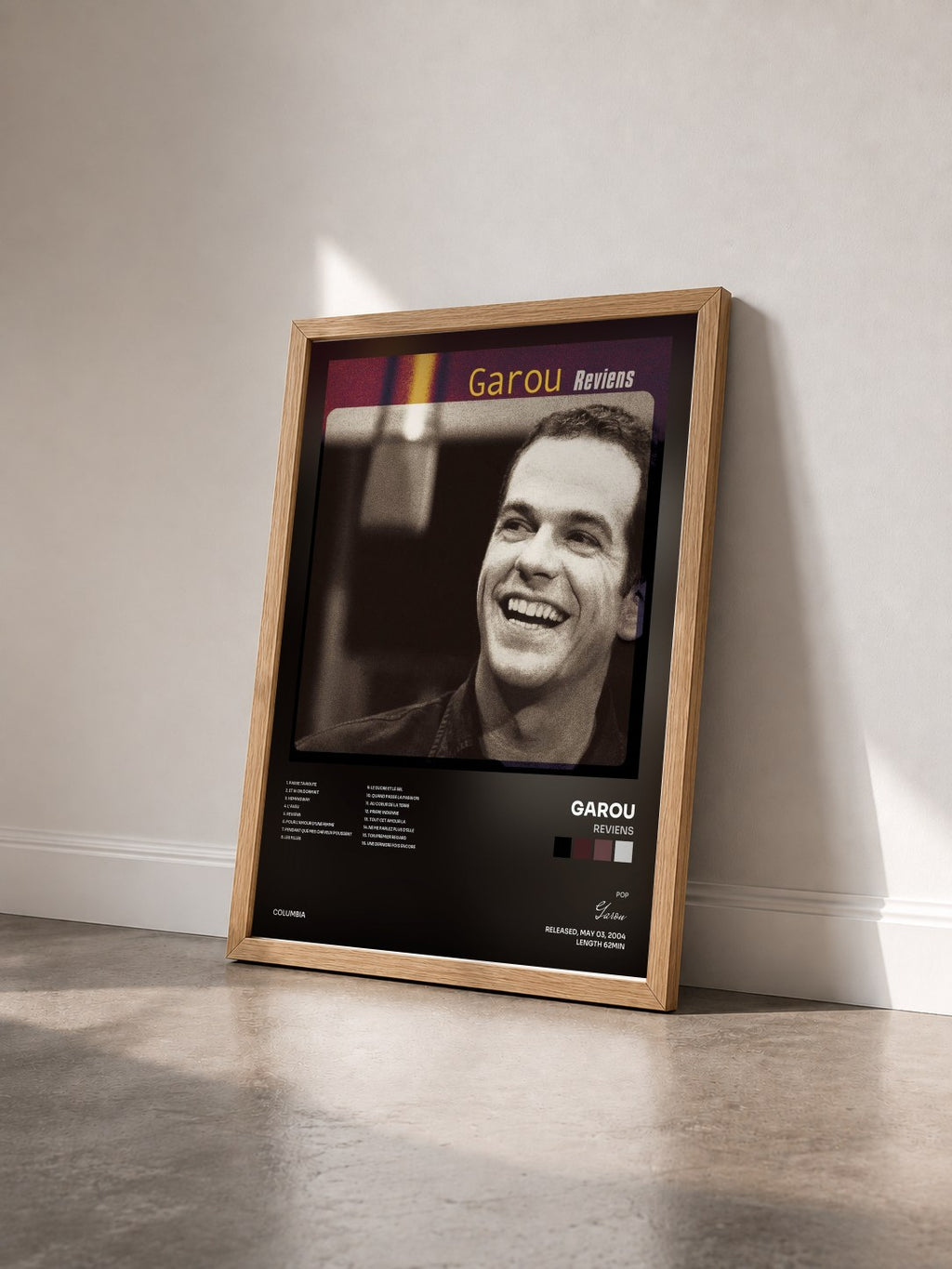 #bois Tableau de l'album Reviens de Garou vu de trois quarts, cadre en bois brut