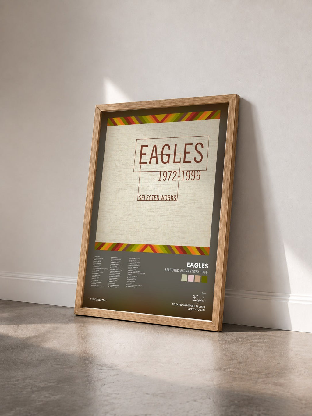 #bois Tableau de l'album Selected Works 1972-1999 de Eagles vu de trois quarts, cadre en bois brut