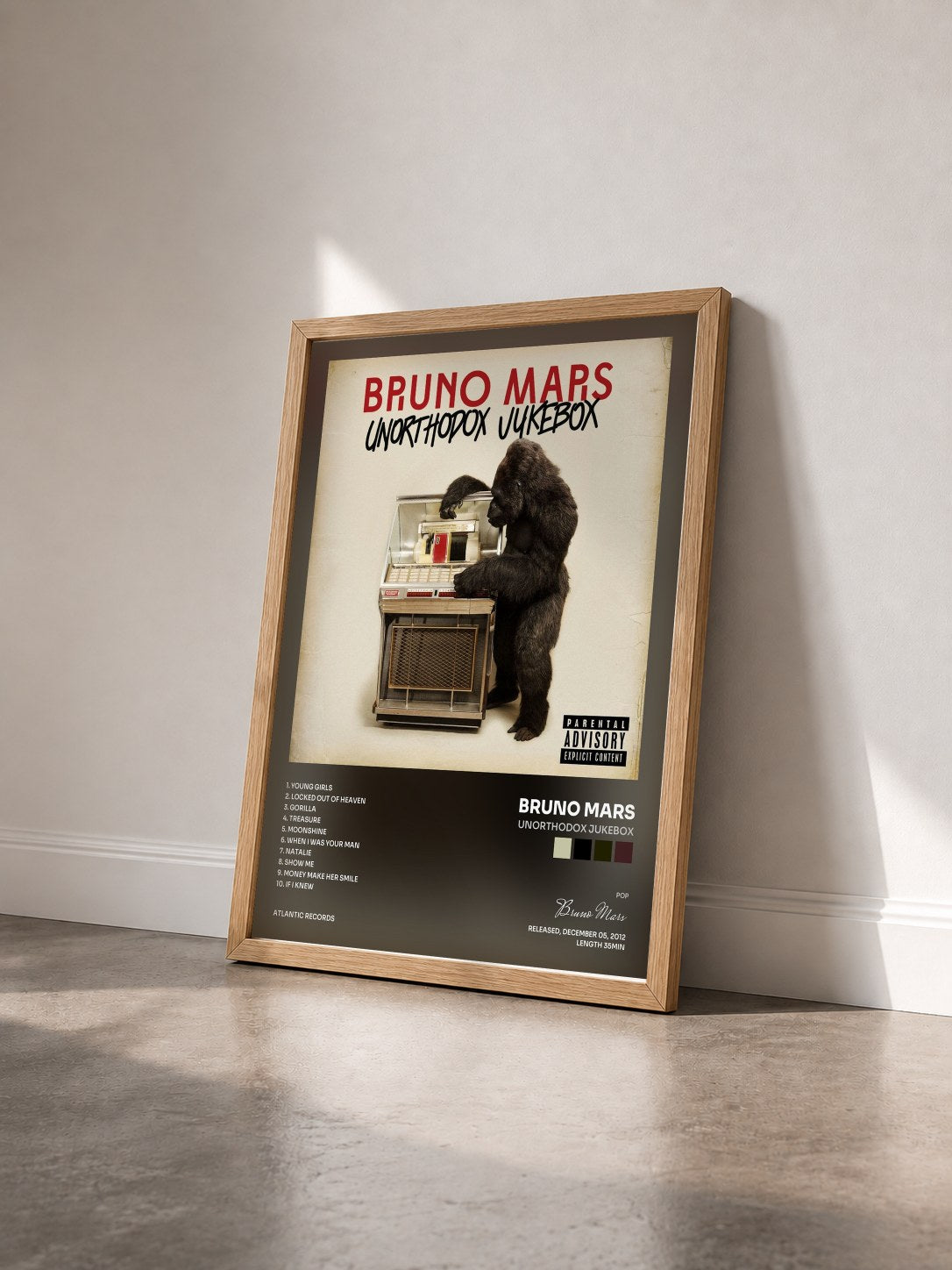 #bois Tableau de l'album Unorthodox Jukebox de Bruno Mars vu de trois quarts, cadre en bois brut